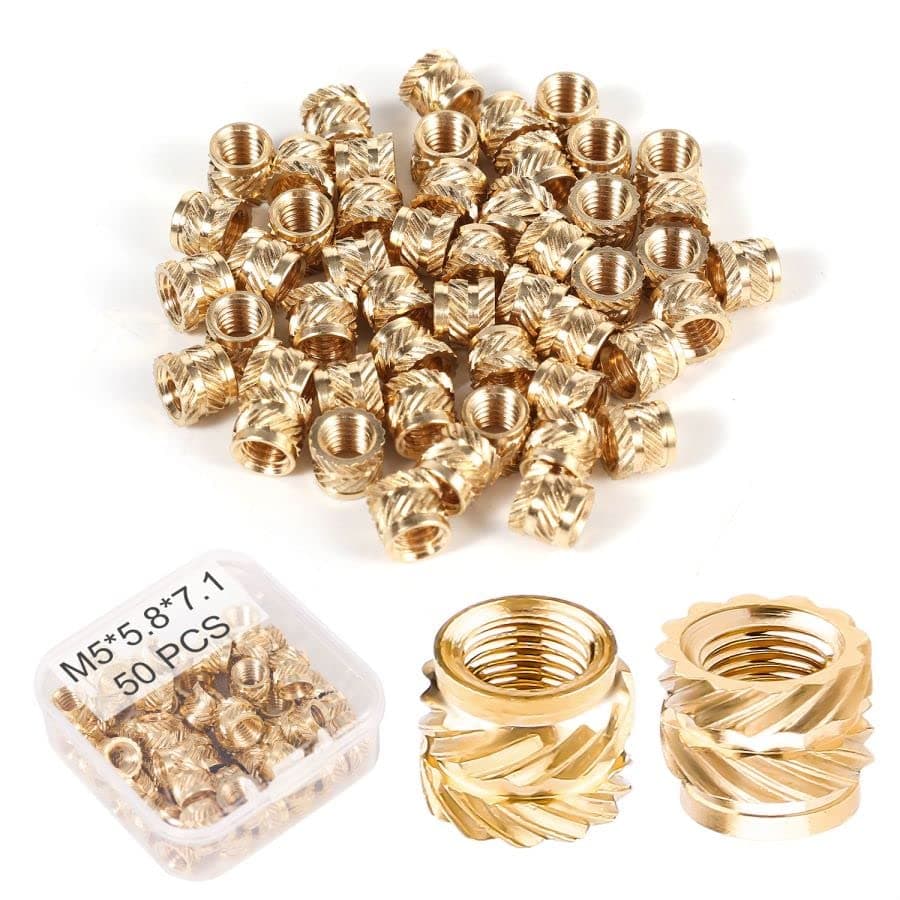 50pcs 3D Printing Brass Nuts, M5x5.8x7.1mm M5 Threaded Insert Knurled Brass Nuts Female Thread Knurled Heat Embedment Nut for 3D Printing Parts Loptop Automotive Plastic Shell