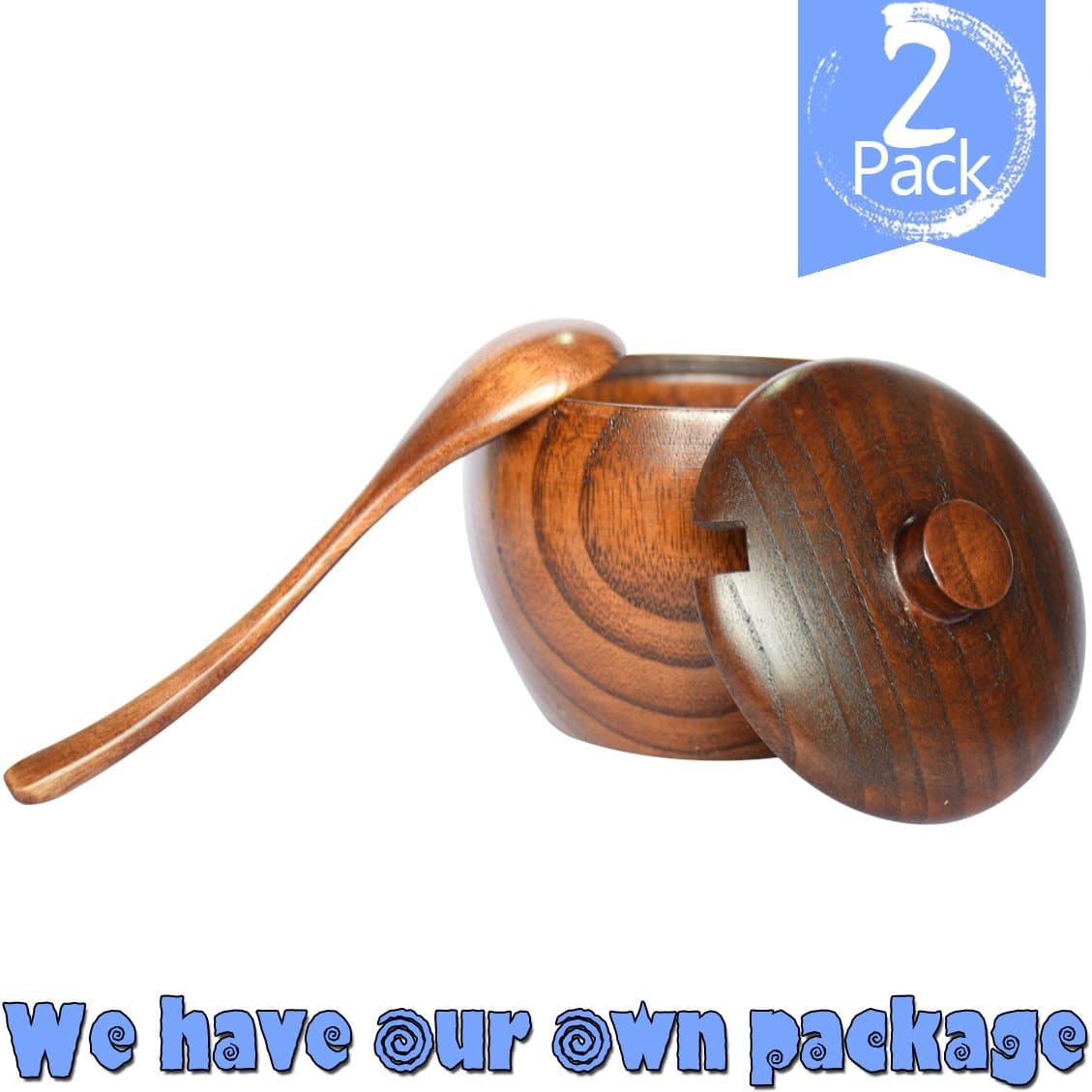 HIZBO MART Spice Jars Wooden Seasoning Box Set Salt Sugar Spice Pepper Condiment Container Kitchen Cruet Seasonings Tools with wooden Spoon Cover Pedestal, Set of 2