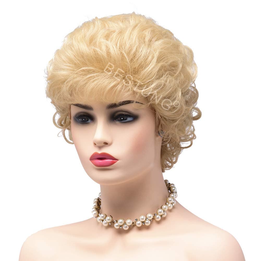 BESTUNG Short Curly Wavy Synthetic Full Wigs for Women Natural Fluffy Hair Wig for Grandma or Old Office Lady Costume (Blonde)