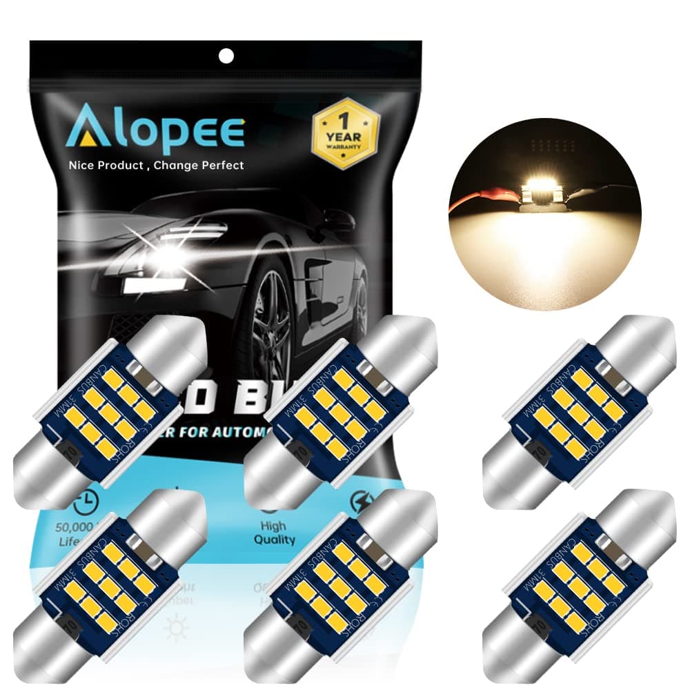 Alopee DE3175 Led Bulb Warm White 3000K 1.22 inch 31mm Festoon Led Bulb Non-Polarity Error Free Replacement for Dome Light Map Door Trunk License Plate Light, Pack of 6, DC 9-28V