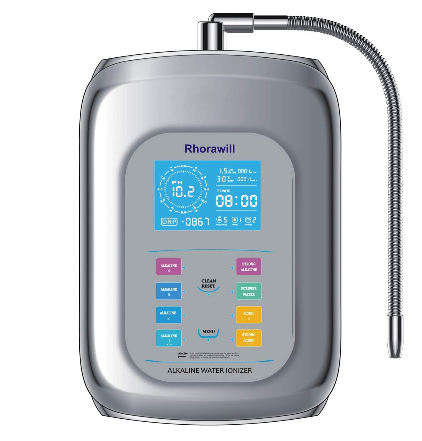 Rhorawill Alkaline Water Ionizer Machine Home Water Filtration System PH 4.0-10.5 With Speaker, Large LED Screen, 8 Water Settings, Up to -680mV ORP, 9000 Liters Per Filter