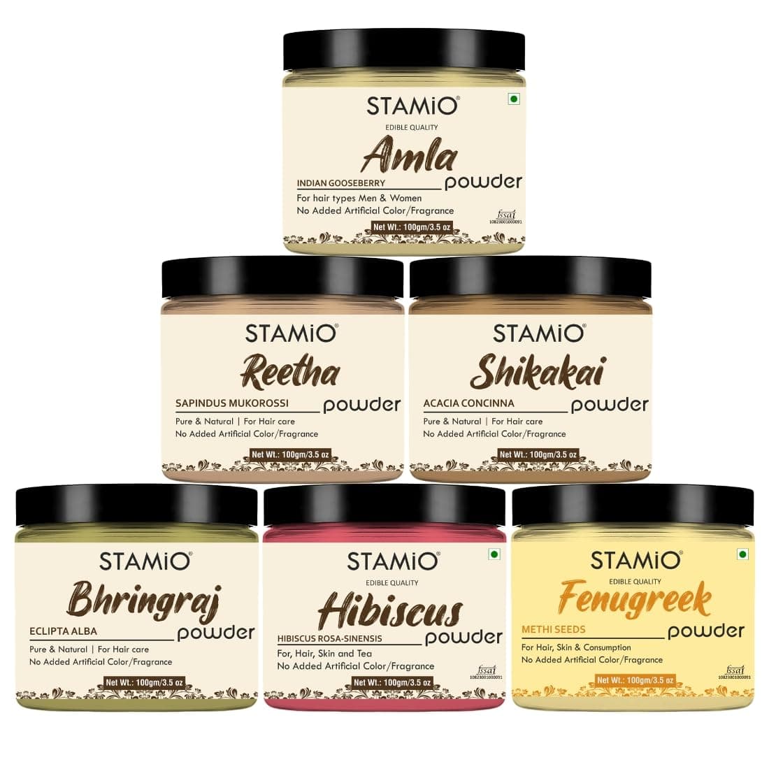STAMIO Hair Care 6 Products Combo 600 gm - Amla Reetha Shikakai Hibiscus Bhringraj Fenugreek (Methi Dana) Powder for Mask, Pack, Anti-Dandruff, Shine | Natural Powders Kit | In Jar (100gm X 6)