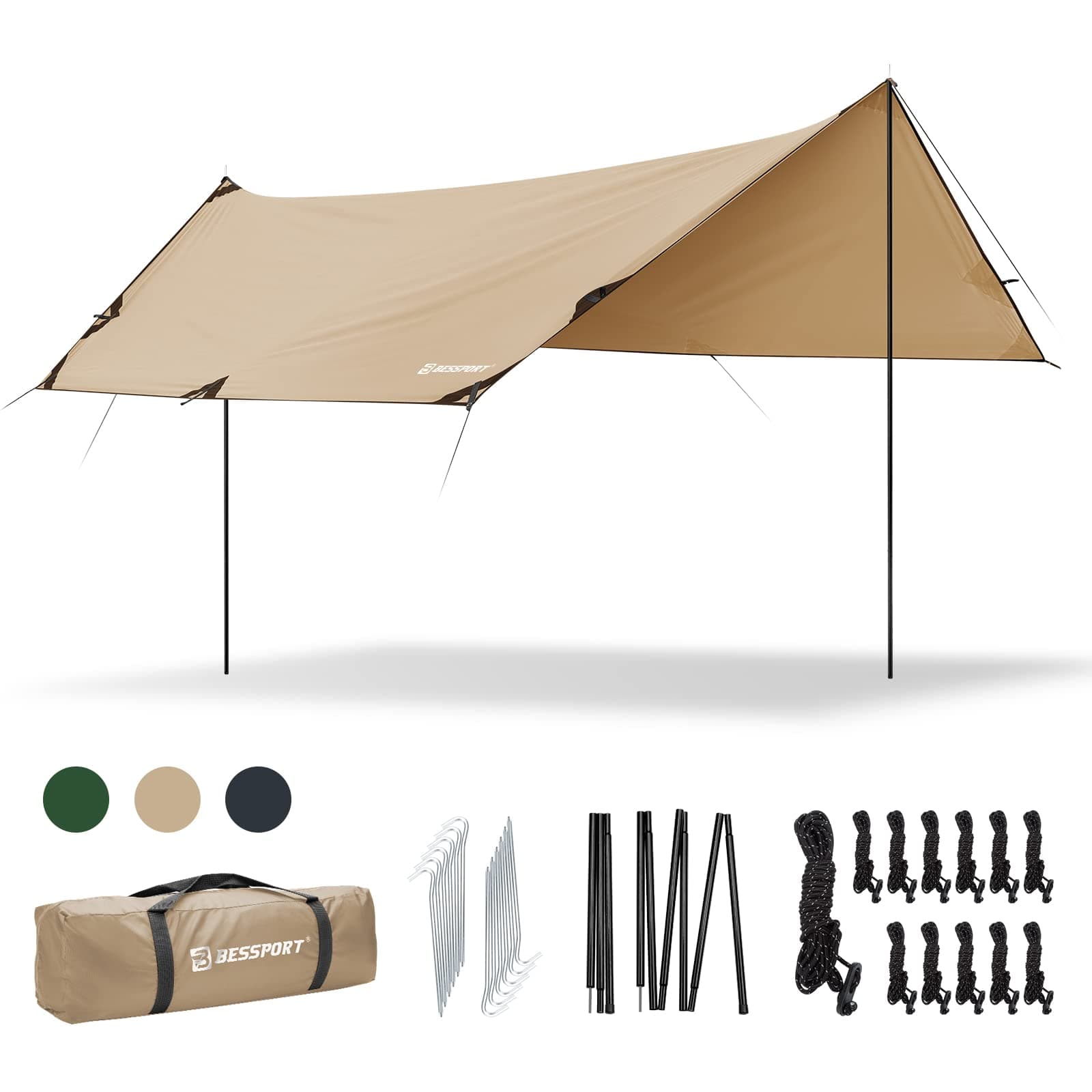 Bessport Camping Tarp, 16×9.8FT with 2 Poles, Portable Multifunctional Backpacking, PU 3000mm Waterproof Rain Fly Hammock Tarp for Outdoor,Traveling, Hilking