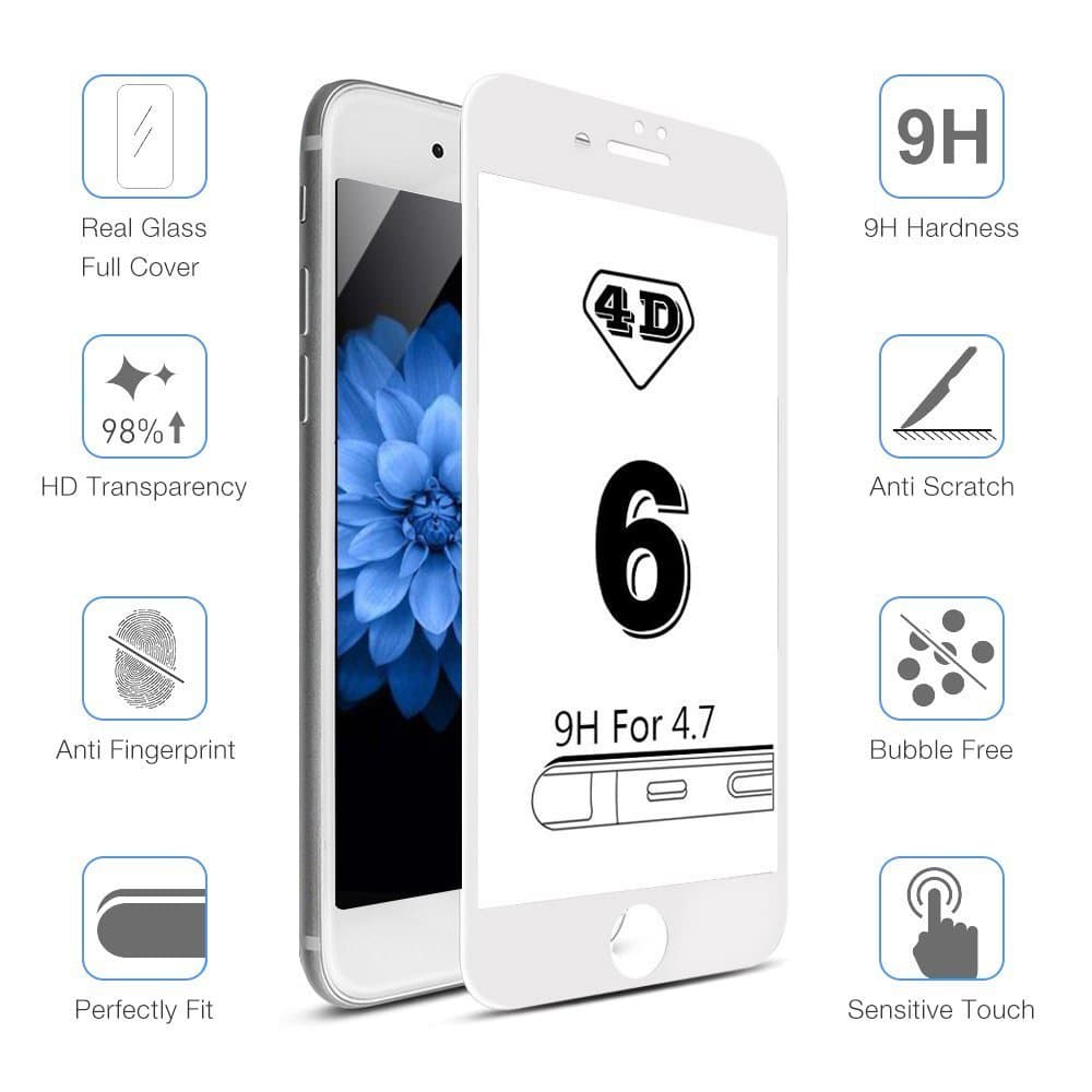 iPhone 6/6s Screen Protector Full Coverage Tempered Glass Screen Protector Film Edge to Edge Protection with Brightness 4D Touch 9H Hardness (White)