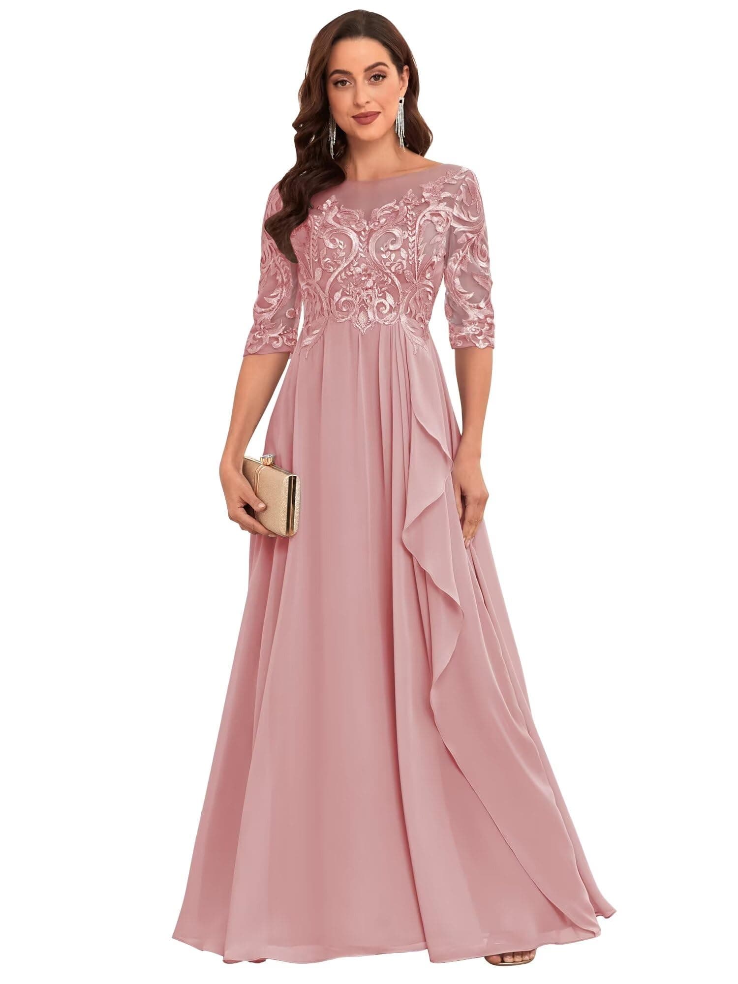 HTBVGOChiffon Lace Mother of The Bride Dresses for Women Long Elegant Ruffle Formal Evening Gown with Sleeves