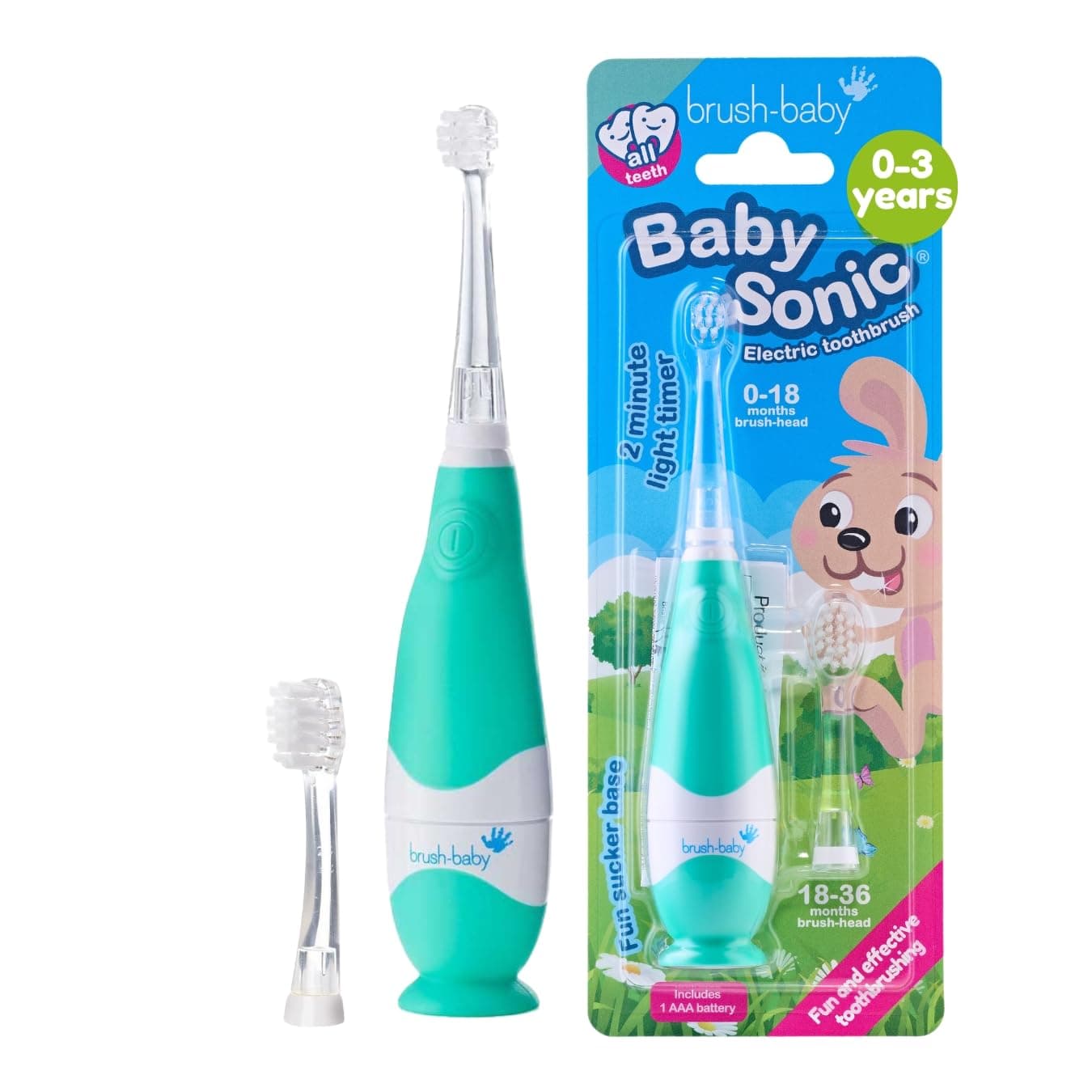 brush-baby BabySonic Infant and Toddler Electric Toothbrush for Ages 0-3 Years - Smart LED Timer and Gentle Vibration Provide a Fun Brushing Experience - Includes 2 Sensitive Brush Heads (Teal)