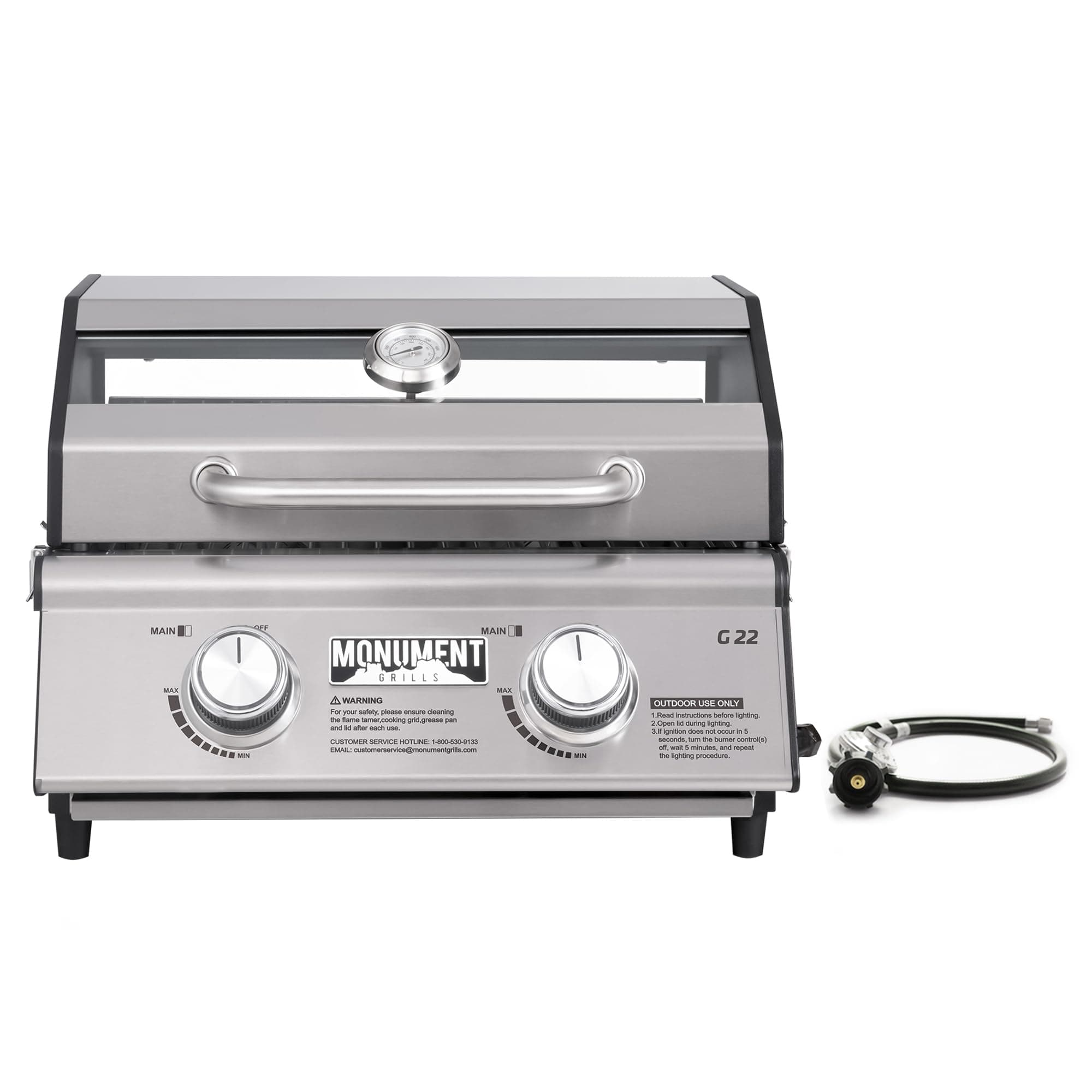 Portable Propane Gas Grill 2-Burner Tabletop Clearview® Monument Grills for Outdoor Camping Cooking, Two 15,000 BTU Burners, Stainless Steel, and Built-in Thermometer