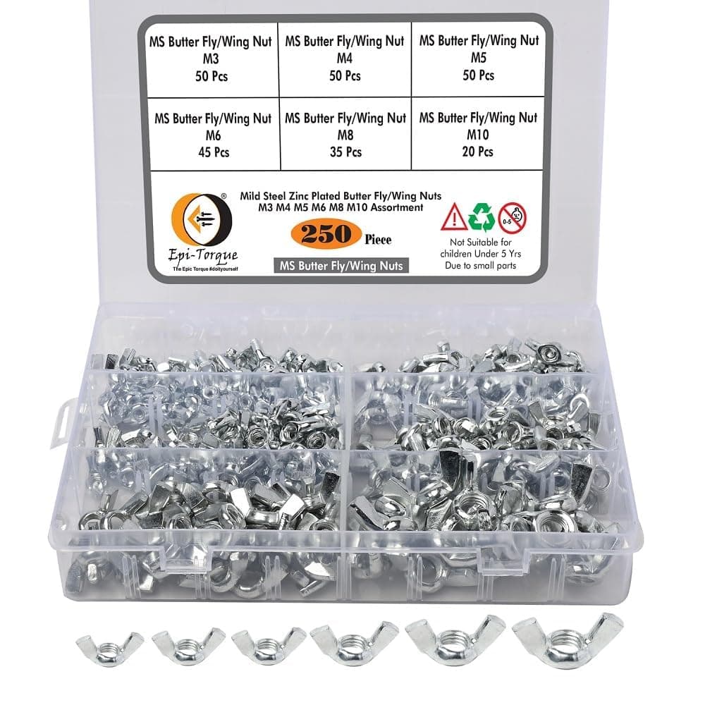 Epi-Torque 250 Pcs 6 Sizes Butterfly Wing Nuts Assortment Kit, M3 M4 M5 M6 M8 M10 Sizes Zinc Plated Wing Nuts Fasteners