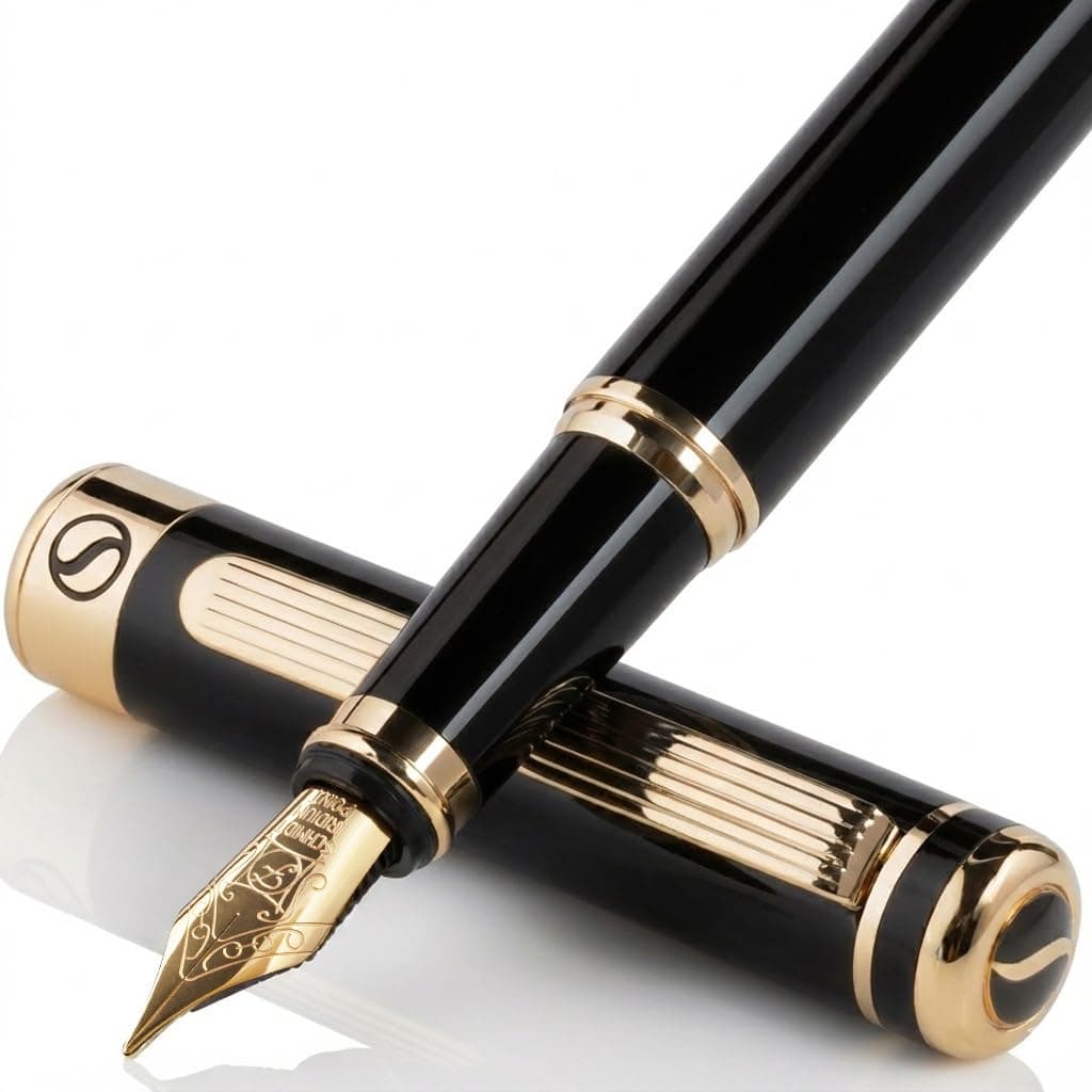 Black Lacquer Fountain Pen - 24K Gold Finish Pen, Schmidt Nib 18K (Fine), Ideal for Men and Women, Professional, Director, Office, Beautiful Pen