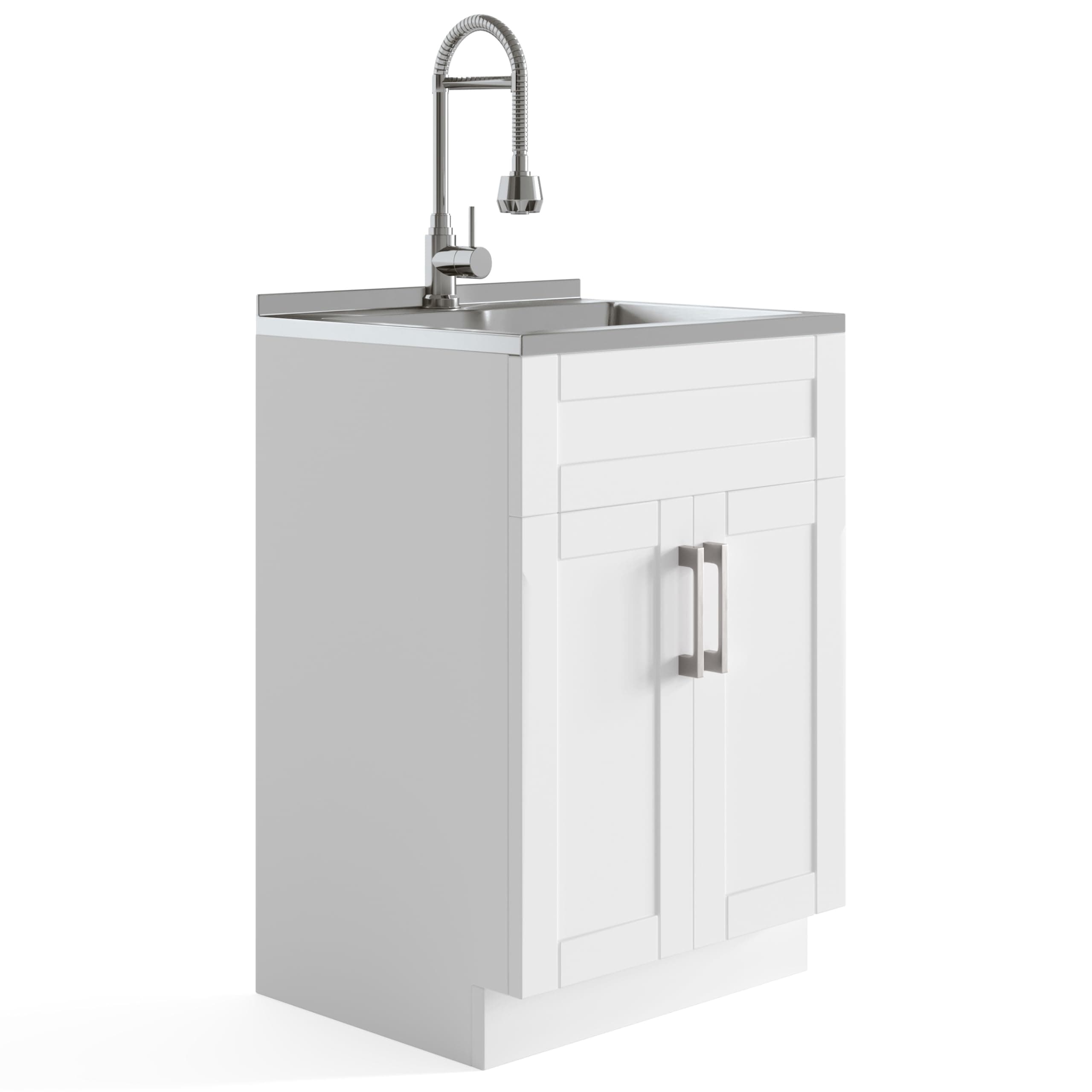 SIMPLIHOME Hennessy All-in-One 24 inch Wide Utility Sink and Laundry Cabinet in Pure White Finish, Transitional Stainless Steel Sink Cabinet for Laundry Rooms with High-Arch Chrome Faucet and Storage