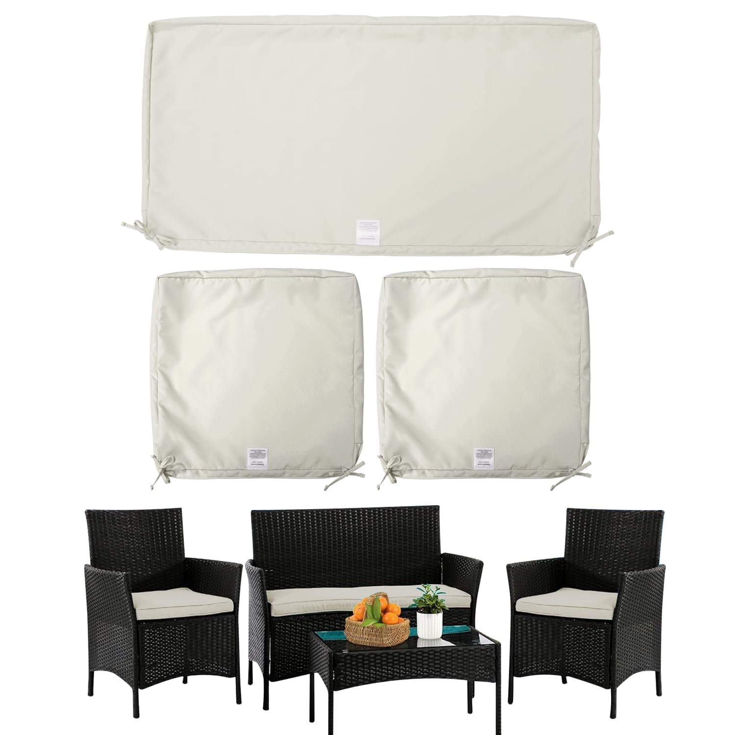 3 Pack Outdoor Patio Cushions Replacement Covers Fit for 4 Pieces 3-Seater Wicker Rattan Furniture Conversation Set Loveseat Chairs Sofa,Water-Resistant Slipcovers,38x19x2,19x19x2,Beige-Covers Only