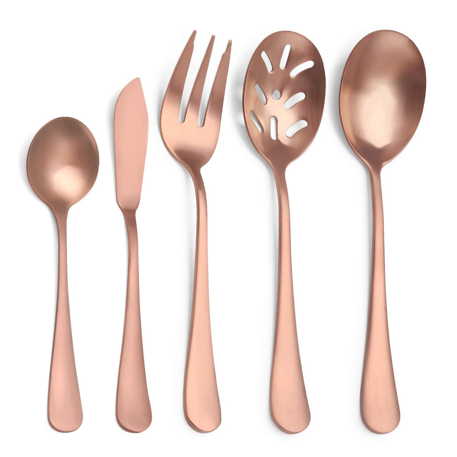 Matte Rose Gold Serving Set，SHARECOOK 5-Piece 18/0 Stainless Steel Large Hostess Set with Round Edge, Satin Finished, Dishwasher Safe -Spoons, Forks,Butter Knife& Slotted Spoon