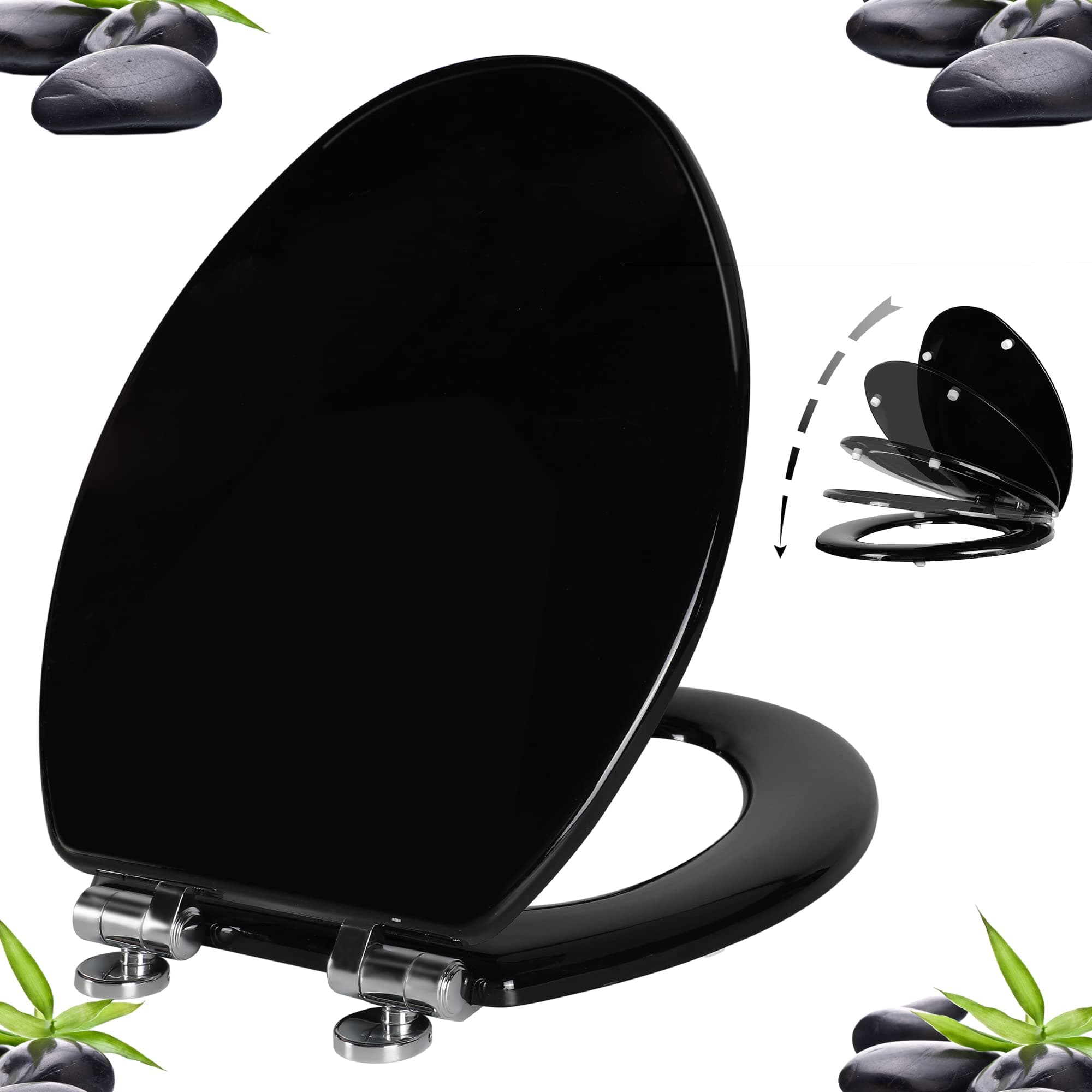 Toilet Seat with Zinc Alloy Hinges Quiet-Close Quick-Release Wood Molded UV Lid Easy Clean(Elongated,Black)