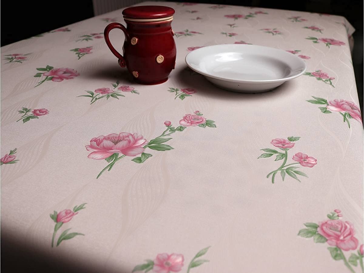 Sankirtan Waterproof Vinyl Tablecloth Rectangle, Oil Spill Proof PVC Table Cloth, Wipeable Heavy Duty Plastic Table Cover for Indoor and Outdoor, Picnic,Pink Flower and Green Leaf(140 X200 cm)