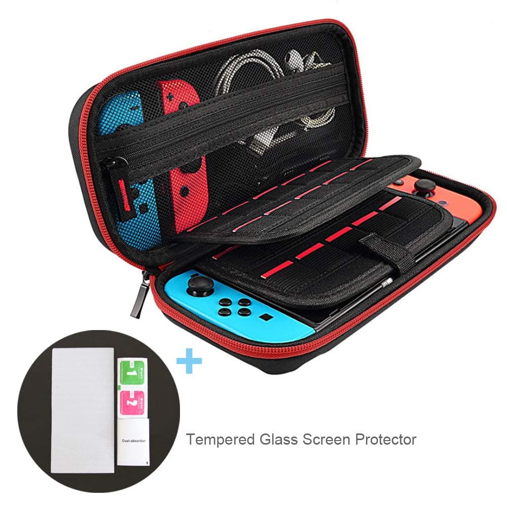 Carry Case & Screen Protector Compatible with Nintendo Switch, Protective Travel Hard Case (20 Card Holders, Large Capacity, No Stuck Zipper) + Tempered Glass Screen Protector (Red)
