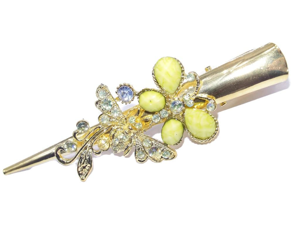 Shiny Gold Alligator Hair Clip with Crystals Butterfly Design (Yellow)