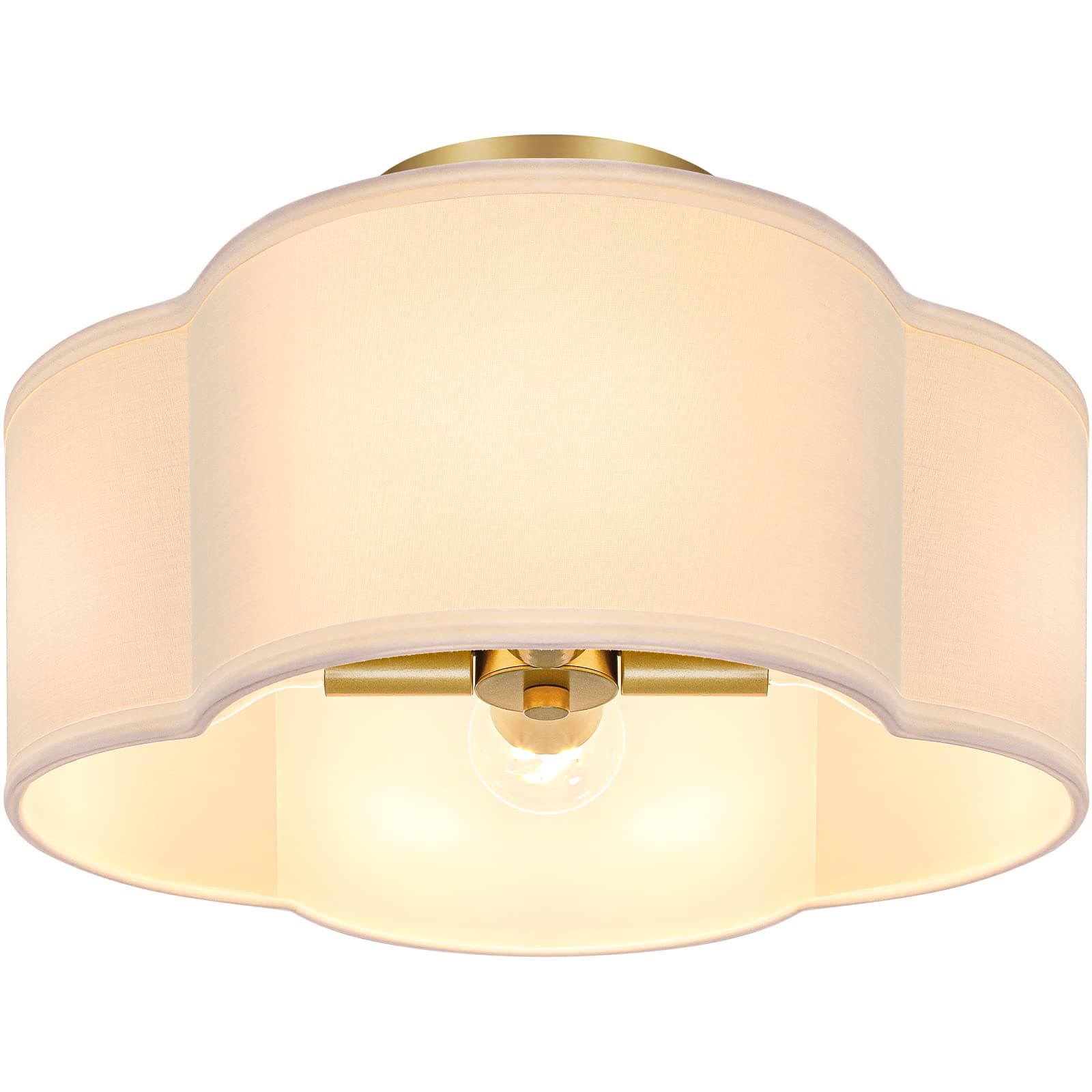 4-Light 14.4'' Semi Flush Mount Ceiling Light Fixture, Gold Modern Close to Ceiling Lamp with White Fabric Shade, Farmhouse Bright Lighting Brass Finish for Nursery Kids Room Bedroom Hallway Entryway