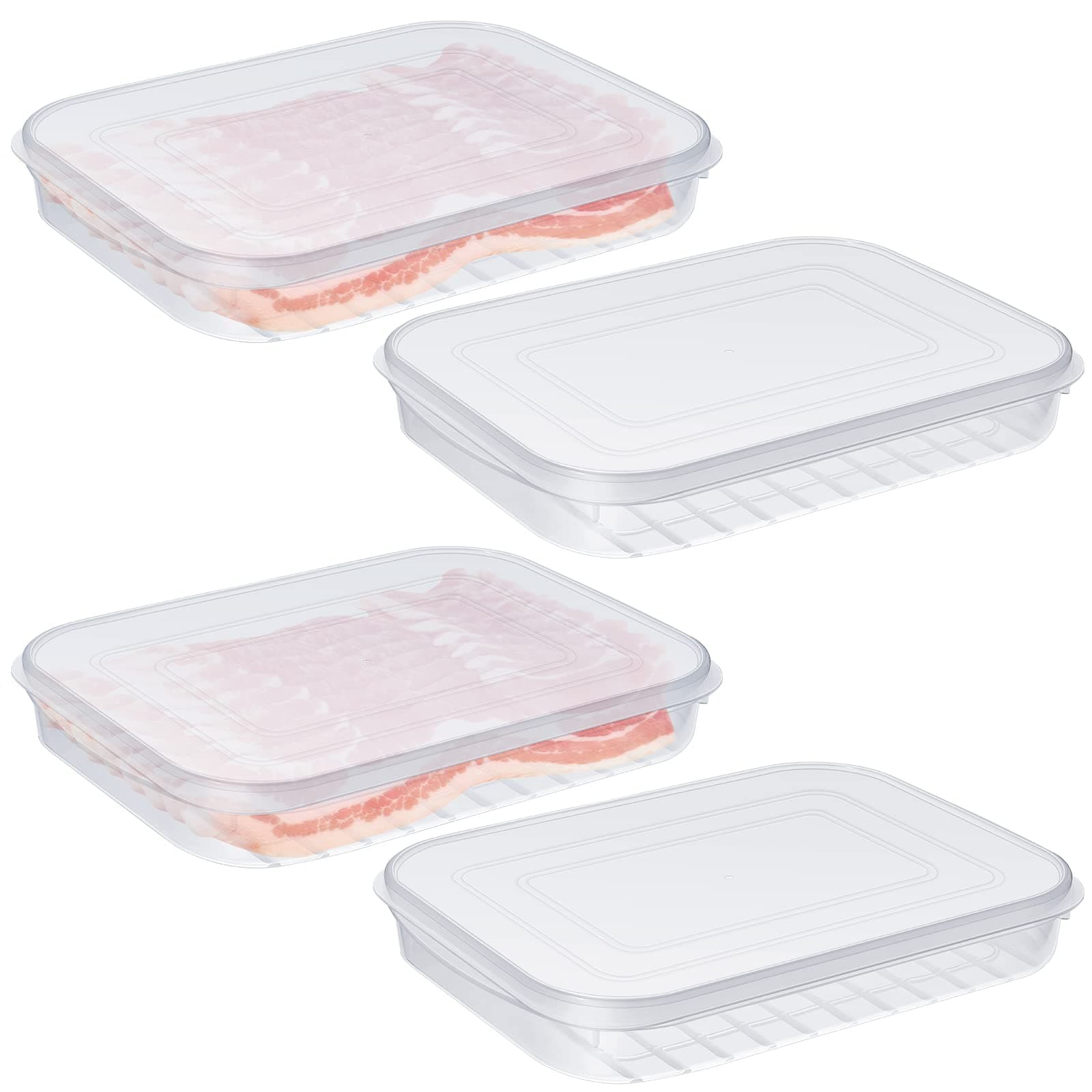 4 Pieces Bacon Keeper Plastic Deli Meat Saver with Lids Airtight Cold Cuts Cheese Container for Fridge Food Refrigerator Storage Box Shallow Low Cookie Holder, 9.65 x 7.28 x 1.38''
