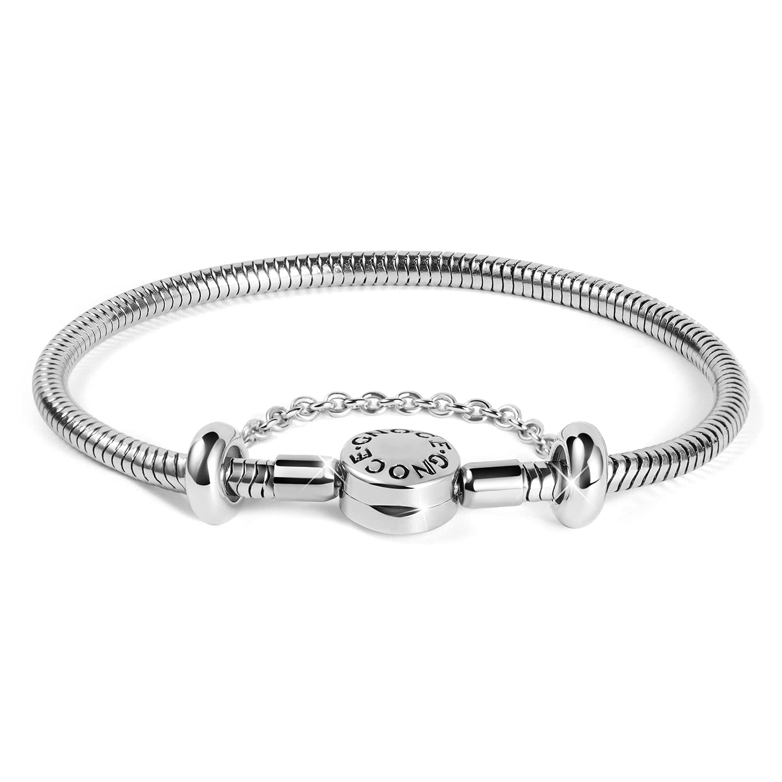 Charm Bracelet With Safety Chain Stainless Steel Snake Chain Metal Basic Charm Bracelet DIY Bangle with Round shaped Clasp
