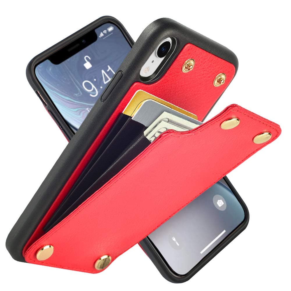LAMEEKU Wallet Case for iPhone XR, Leather Credit Card Holder Case with Card Slot Money Pocket, Shockproof Protective Bumper Phone Cover Compatible with iPhone XR 6.1" (2018) - Red