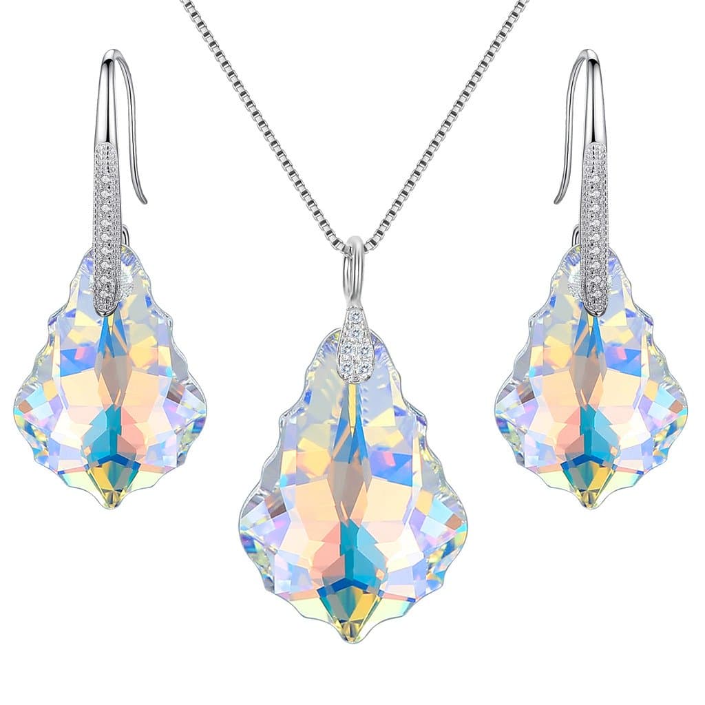 925 Sterling Silver CZ Baroque Drop Pendant Necklace Dangle Earrings Set Made with Austrian Crystal, Valentine's Day/Mother's Day/Christmas Jewelry Gift
