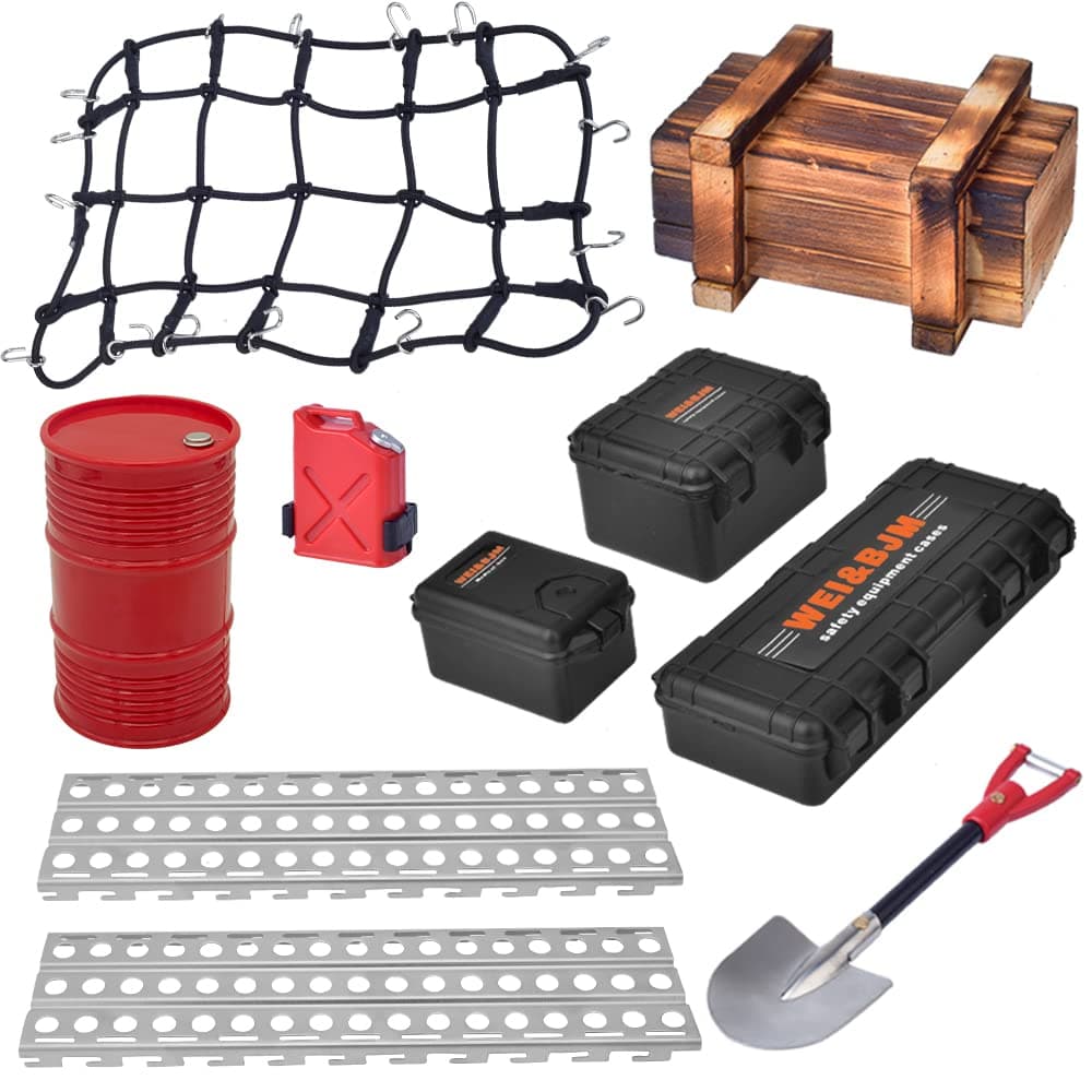 GLABACT 10 Pcs RC Crawler Car roof Decoration Luggage Net/Oil Drum/Wood Box/Fuel Tank/Recovery Board/Toolbox/Shovel for RC 1/10 Crawler Trx4 Trx6 AXIAL SCX10 Redcat GEN 7 8 Rc4wd Accessories