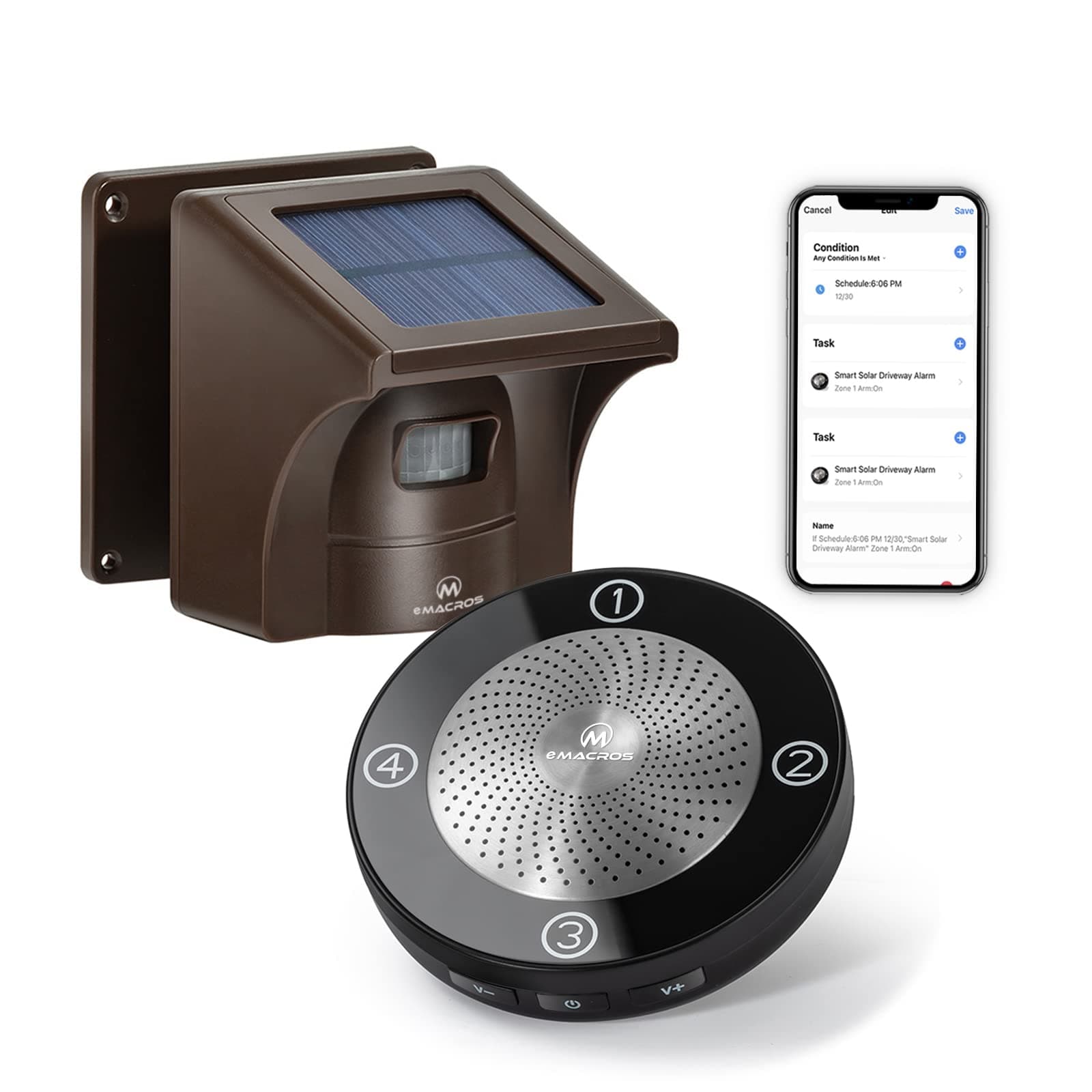 eMACROS HS002 Pro 2 Smart Wireless Driveway Alarm with Phone App,1/2 Mile Solar-Powered Motion Sensor, App for Remote Arm/Disarm & Schedule Alerts & 27 Optional Chimes,1 Receiver and 1 Sensor