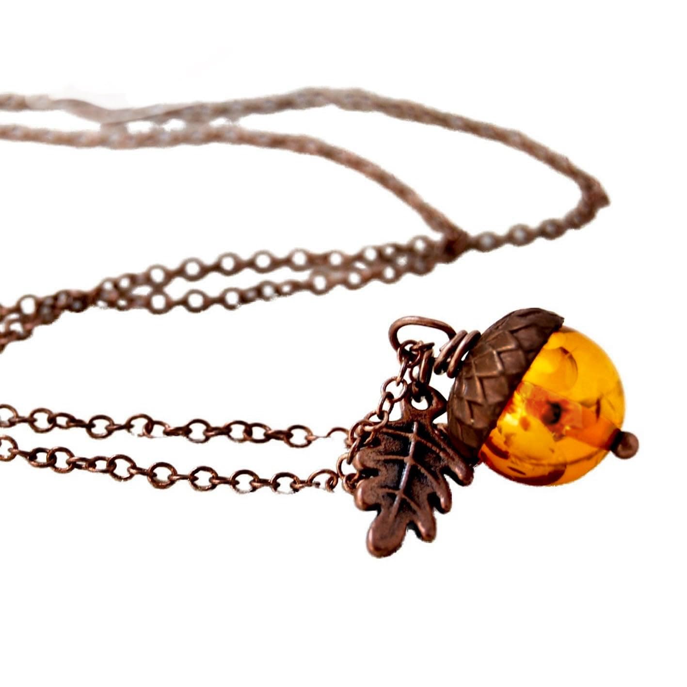 Orange and Copper Acorn Necklace - Orange Lucite Fall Acorn Pendant - Cute Nature Charm Necklace