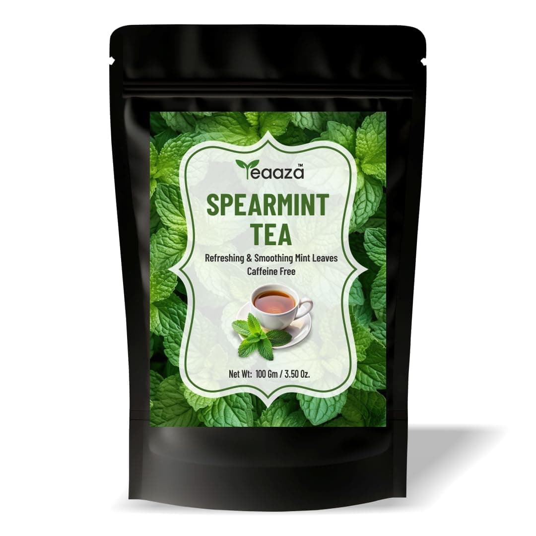 Teaaza Organic Spearmint Tea Leaves –100 Gm–100 Cups–Caffeine-Free Herbal Spearmint Tea for PCOS | SUPPORTS HORMONE BALANCE, ACNE, FACIAL HAIR & PCOS RELIEF | Fresh Minty Flavor, 100% Natural, Spearmint leaves | loose leaf spearmint herbal tea