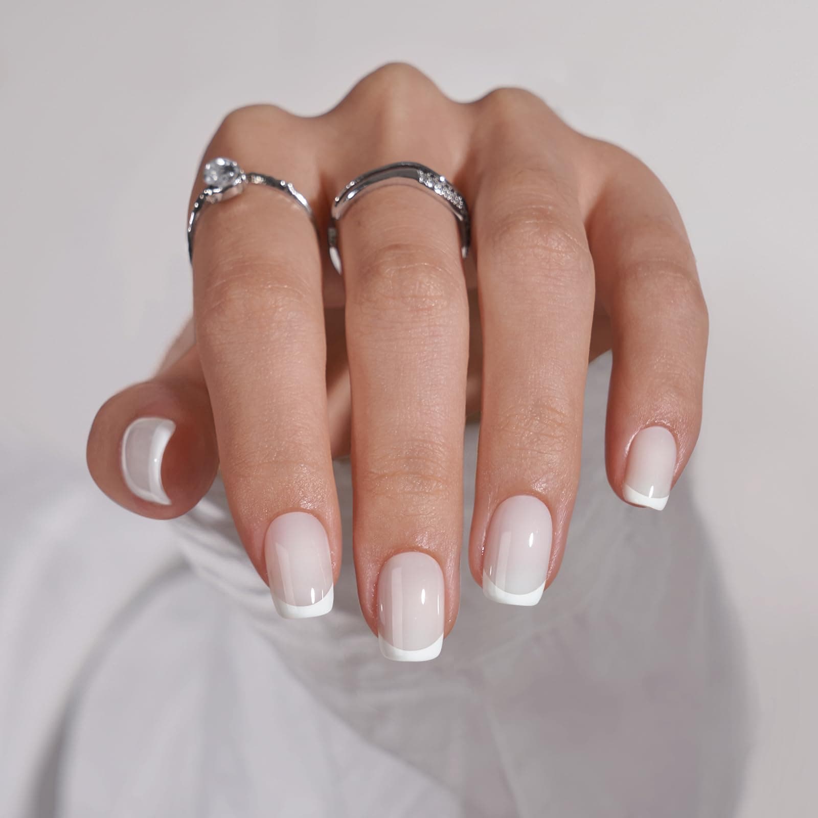 BTArtbox Stick On Nails French Tip - Short Square False Nails with Glue, 30 Pcs Soft Gel Press on Nails in 15 Sizes, Reusable Semi Transparent Fake Nails for Woman, White Classic French