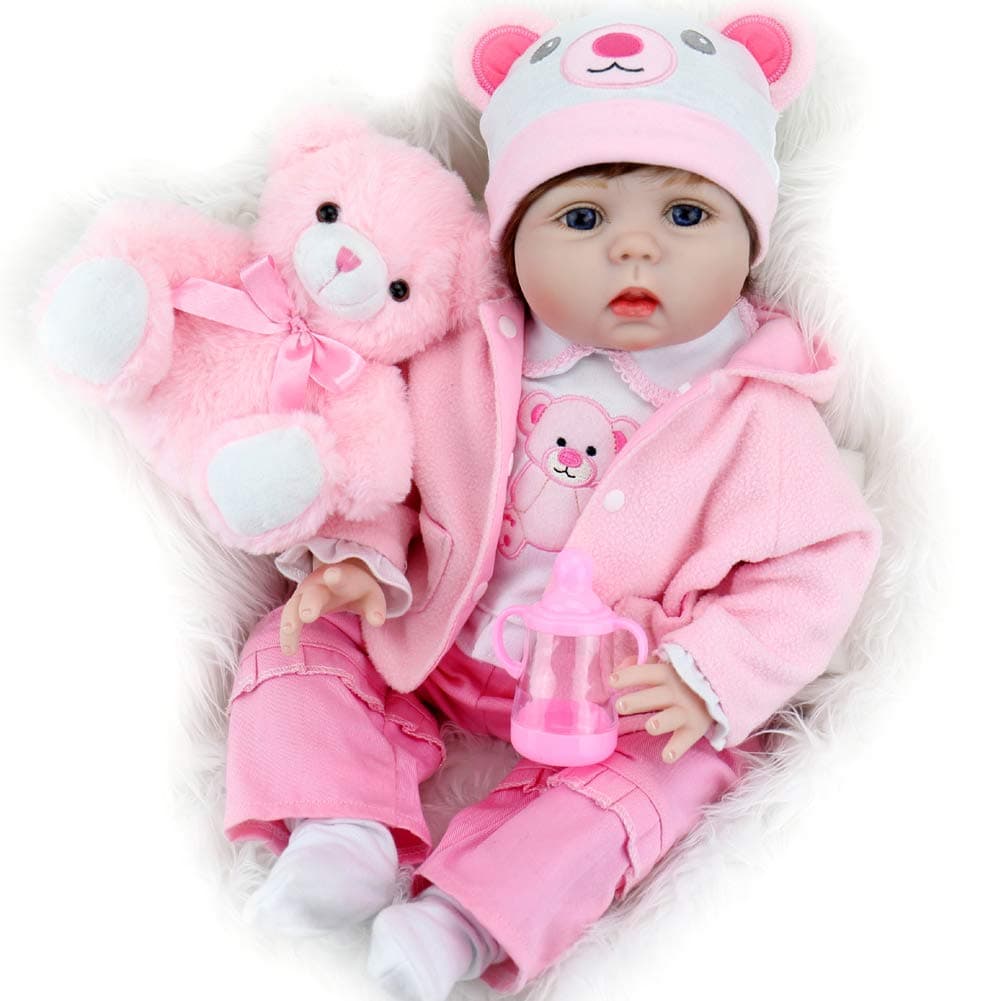 Aori Reborn Baby Doll 22 Inch Realistic Vinyl Baby Girl Dolls with Pink Bear Outfits