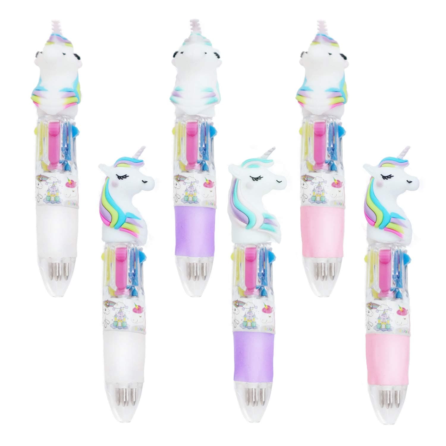 Cute Retractable Ballpoint Shuttle Pens Unicorn Pen 0.5 mm Gel Ink Roller Pen Multicolor Liquid Ink Pens Set 4-Color-In-1 Office School Pen Supplies Gifts for children 6 pcs