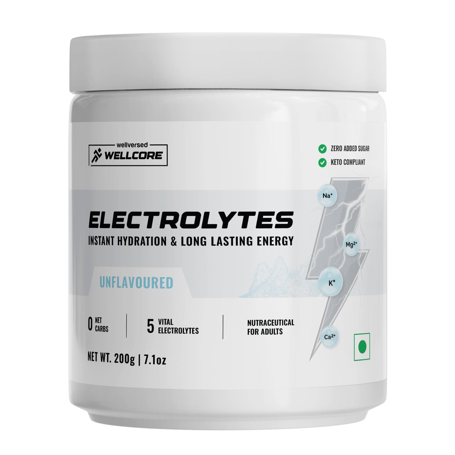 Wellcore - Unflavoured Electrolytes (200gm, 57 Servings) | Drink With 5 Vital Electrolytes: Na, Mg, Ca, K, PO4 | Sugar Free Electrolyte Powder | Fat Fuel Powered Keto Electrolyte Powder