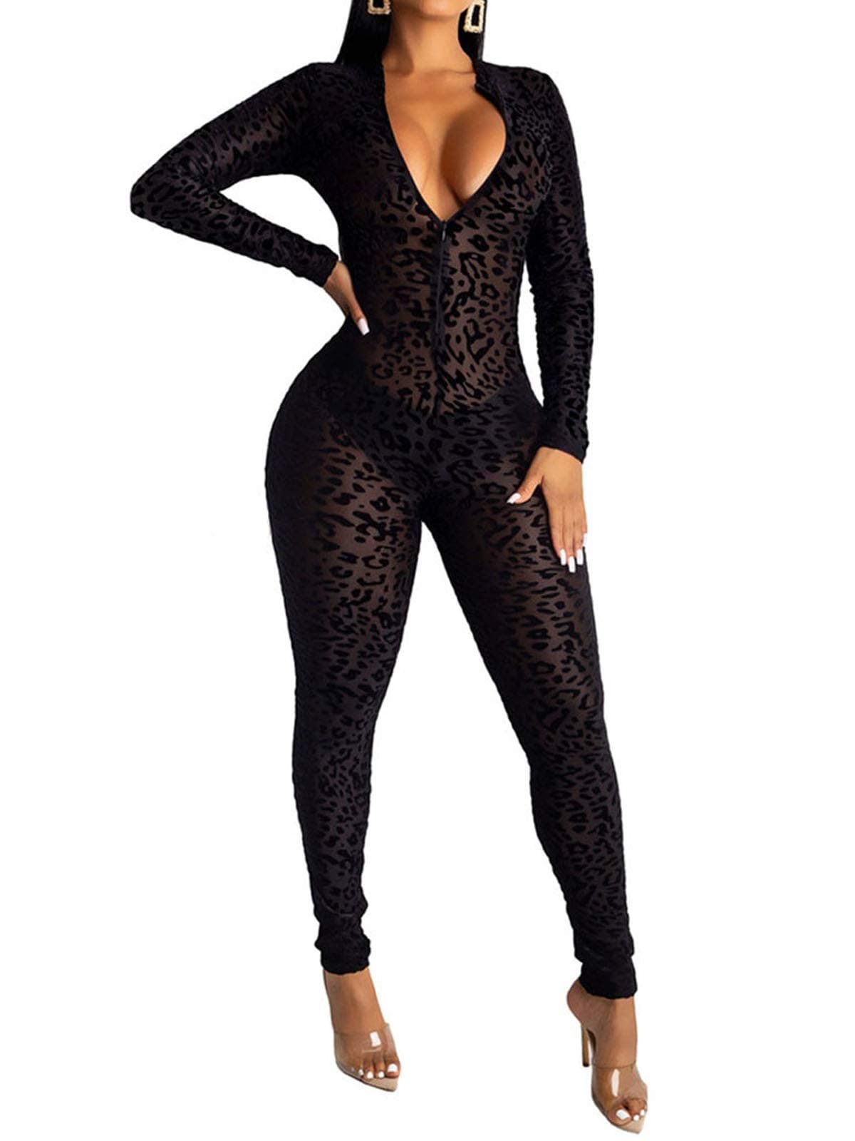 Women See Through Bodycon Jumpsuit - One Piece Deep V Neck Outfits Sheer Mesh Leopard Clubwear Jumpsuit Rompers