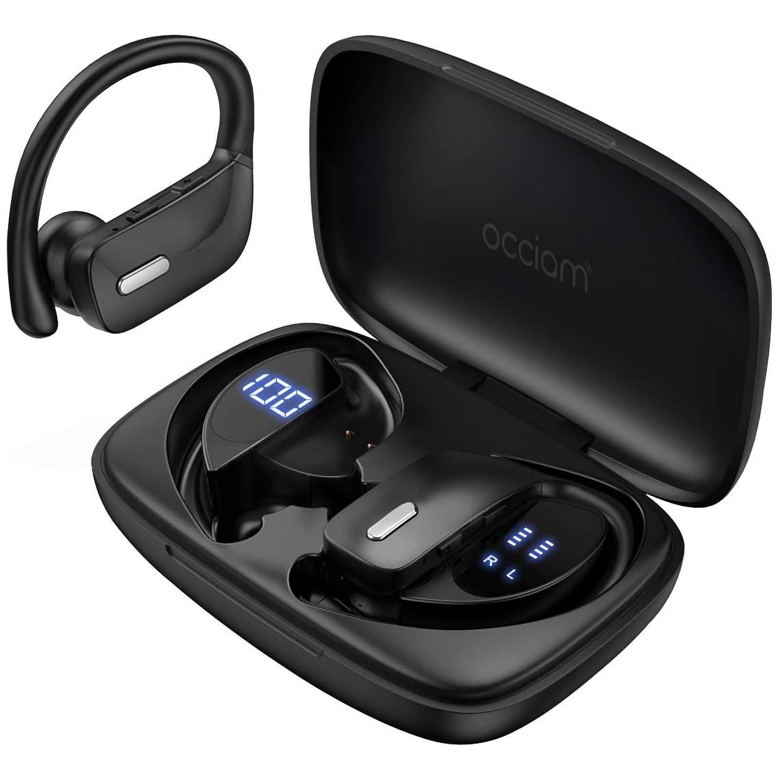 Sport Wireless Earbuds Bluetooth Headphones 80hrs Playtime Deep Bass Ear Buds with Earhook Noise Cancelling Mic Waterproof Earphones for Workout Running Matte Black