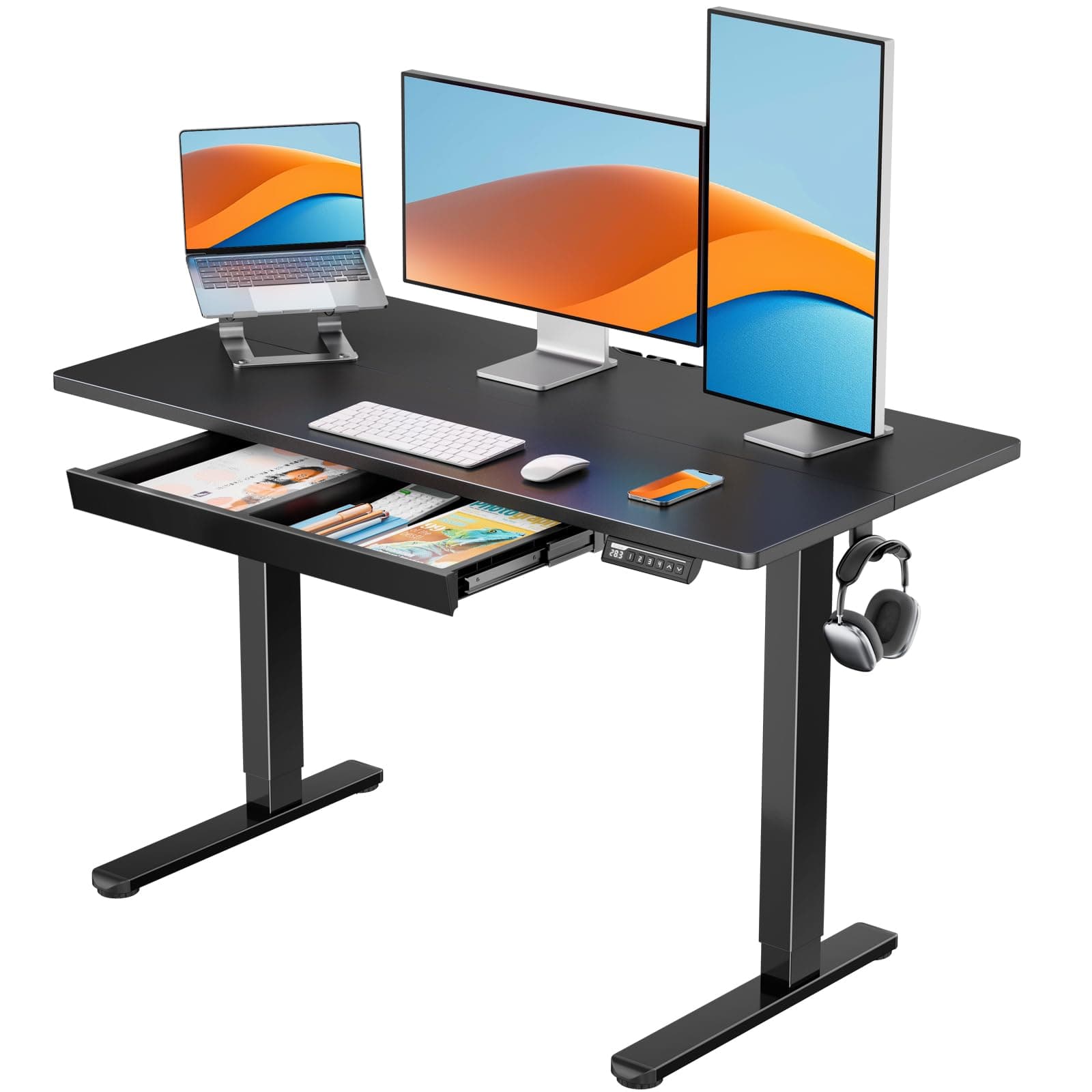48" x 24" Electric Standing Desk with Drawers, Height Adjustable Desk with 4 Preset Heights, Ergonomic Rising Home Office Computer Table with Splice Board, Black