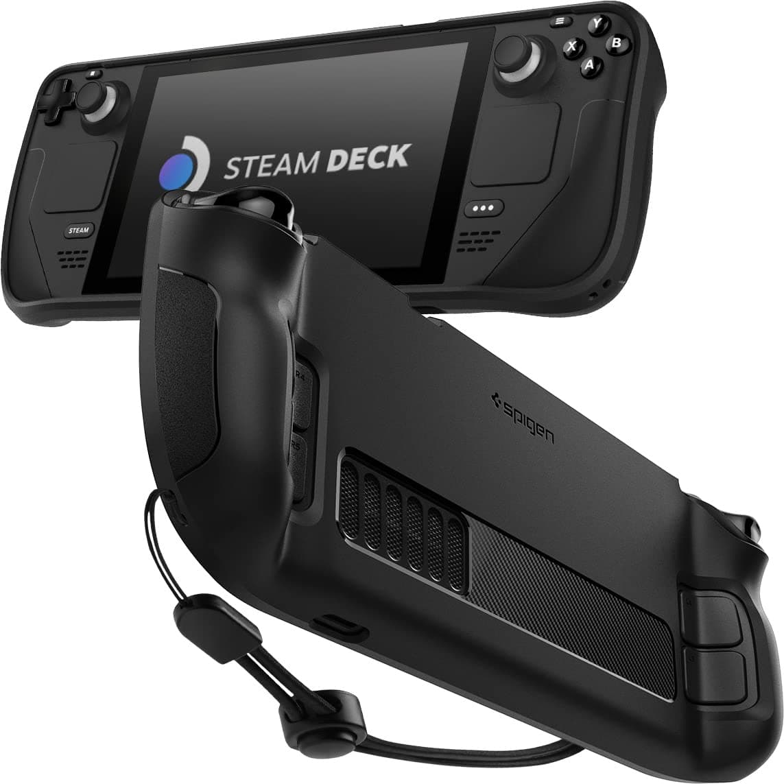 Spigen Rugged Armor designed for Steam Deck LCD (2022) / Steam Deck OLED (2023) case cover with Wrist Strap Shock-Absorption Anti-Scratch TPU Cover Protector - Matte Black
