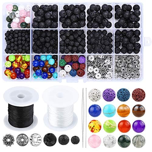 YBLNTEK 600 Pcs Chakra Beads Lava Beads Rock Stone Assorted Colored Volcanic Gemstone Beads Spacer Beads with 2 Beading Needles and 2 Roll Elastic Stretch String for Bracelet Jewelry Making