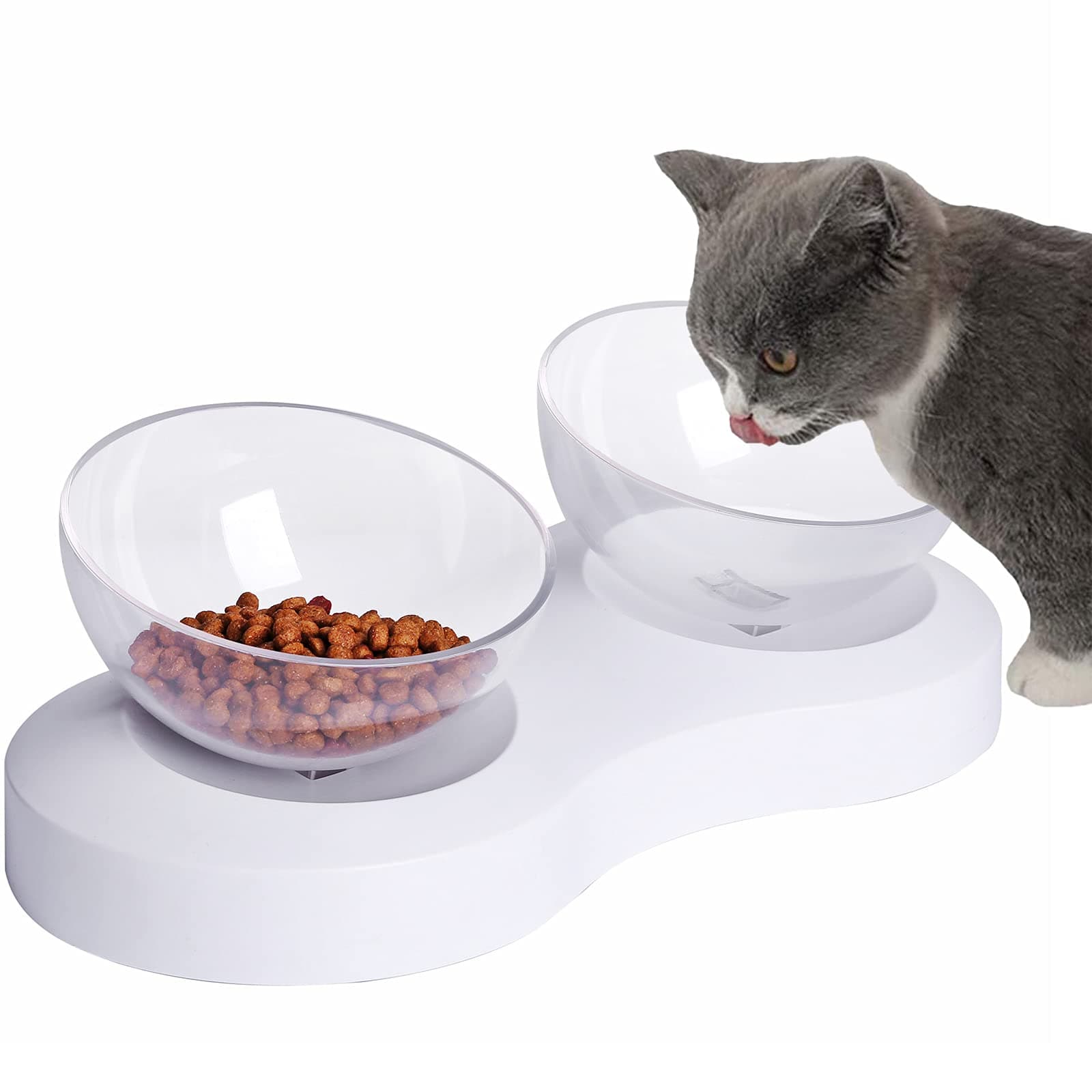 Double Cat Bowls Elevated Pet Food Water Bowl Raised Elevated Adjustable Height 20 Degree Tilt Design Neck Guard Stand Raised The Bottom for Cats and Small Dogs (Double Bowl)