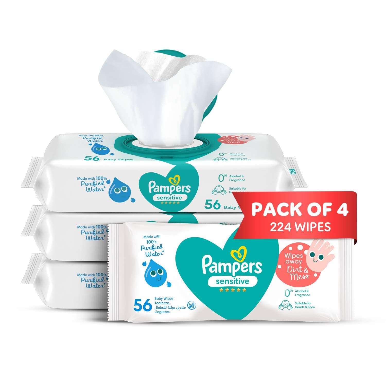Pampers Sensitive Protect Baby Wipes with 100% Purified Water for Hands and Face, 4 Packs, 224 Count