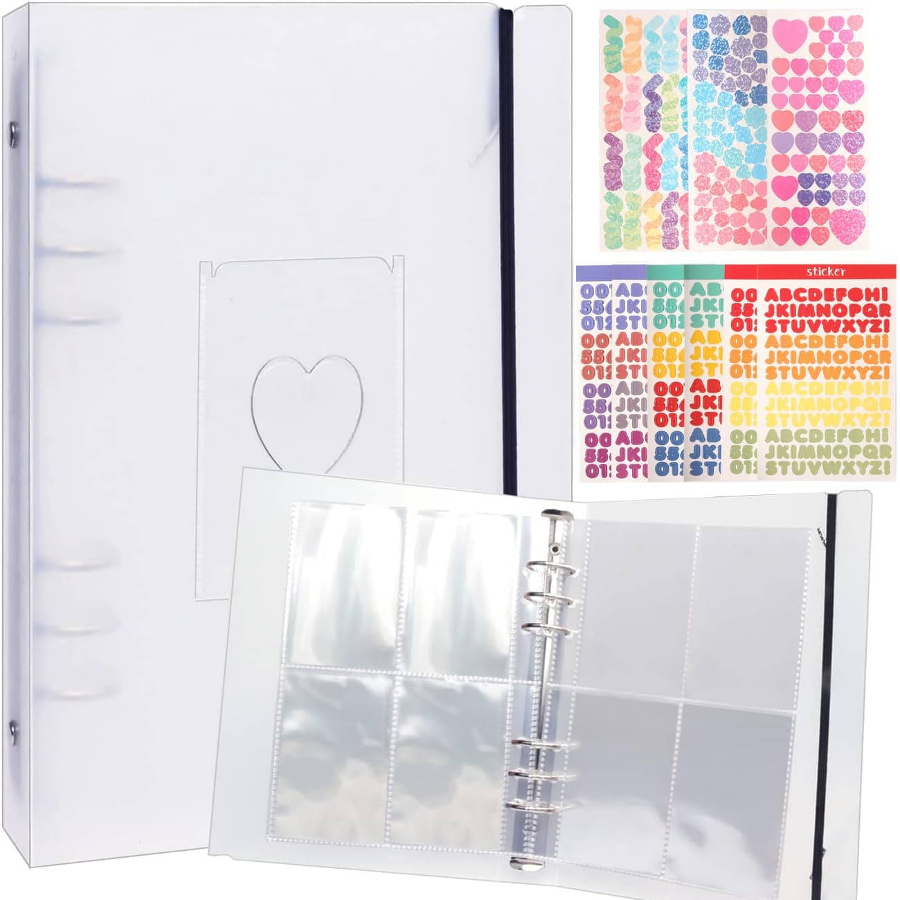 Kpop Photocard Binder Sleeves A5 Ring Binder Kpop Photo Card Holder Book Clear Large Photo Album 6 Rings Scrapbook Card Protectors Plastic Sleeves Pages with 9 Pcs Stickers 160 Pockets