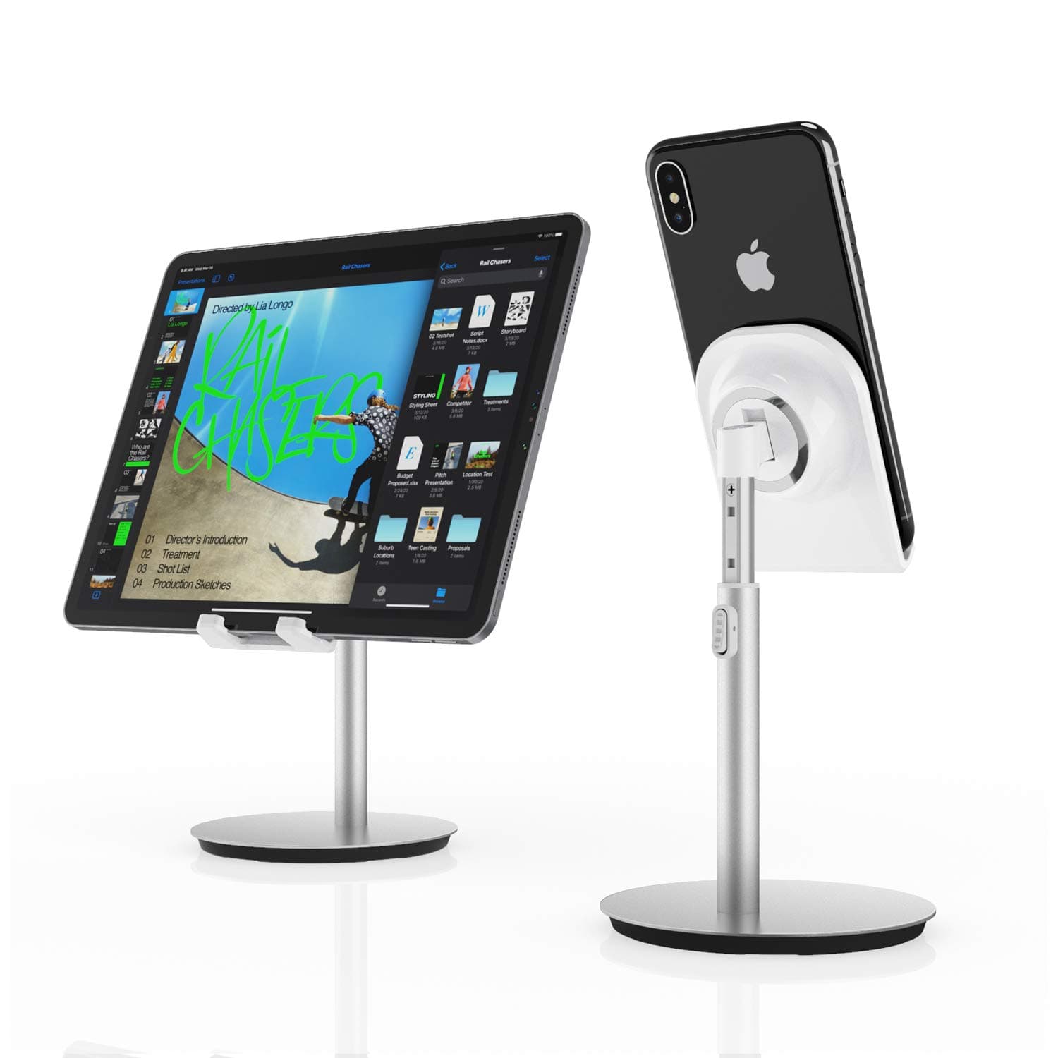 Cell Phone Stand, Tablet Holder, SAIJI Height Adjustable Aluminum Mount Dock, Compatible with iPhone Samsung Cell Phone, Tablet, iPad, Nintendo Switch, Kindle, Up to 10 Inch Screen (Sliver) …