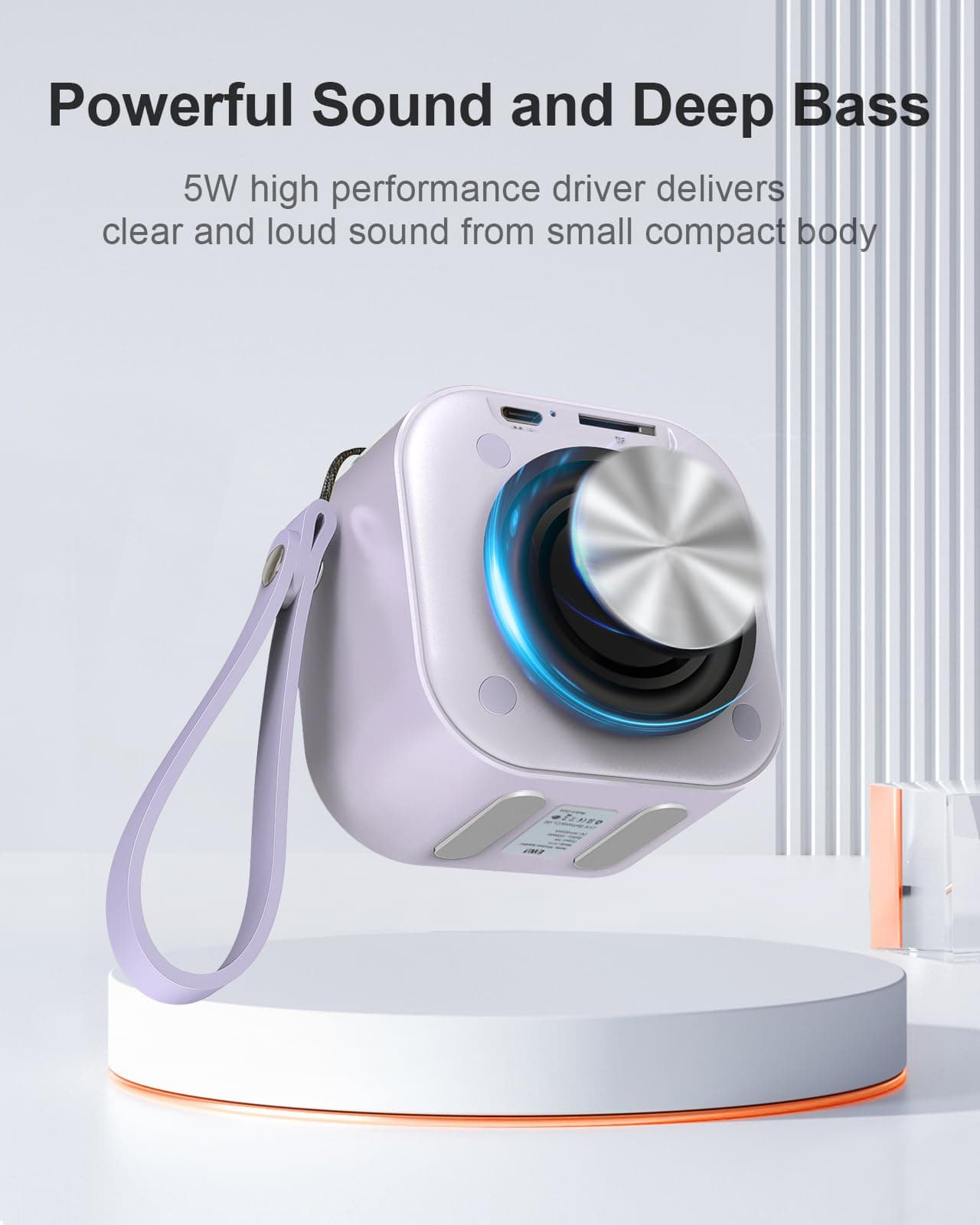 EWA Wireless Mini Bluetooth Speaker with Lanyard, Small Speaker with Bass Radiator, Unique Camera Look, Support TF Card, Small But Loud, Portable Speaker for Home, Party, Travel, Outdoor (LightPurple)