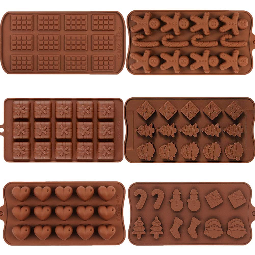 6 Pack Christmas Silicone Chocolate and Candy Moulds Non-Stick Jelly mould for Party Xmas Gift with Shape of Gingerbread, Candy Cane, Santa, Snowman, Christmas tree, Socks, Gift, Heart…