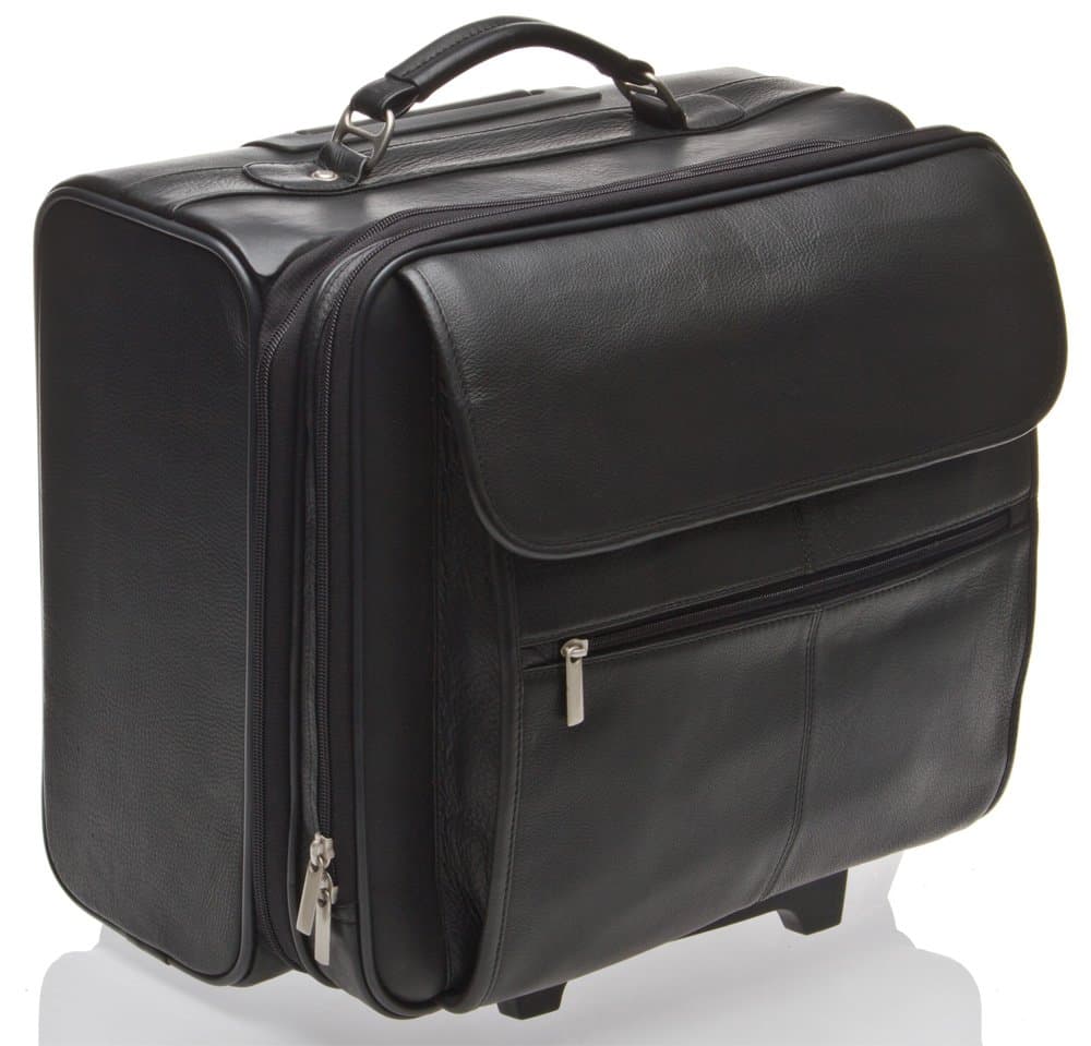 Black Real Leather Executive Trolley/Wheeled Business Bag/Laptop Case