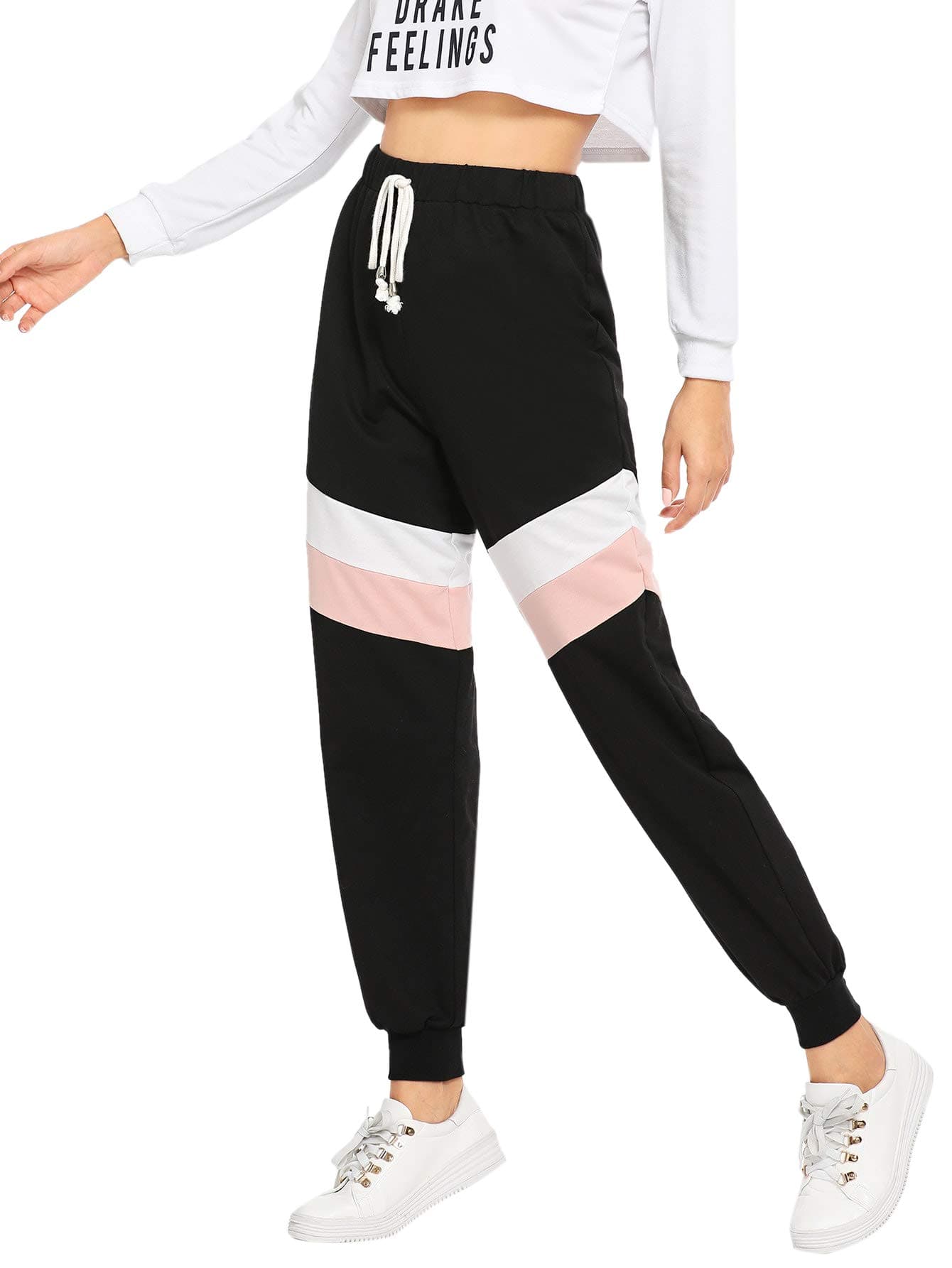 SweatyRocks Womens Sweatpants Color Block Casual Loose Tie Waist Jogger Pants Black X-Small