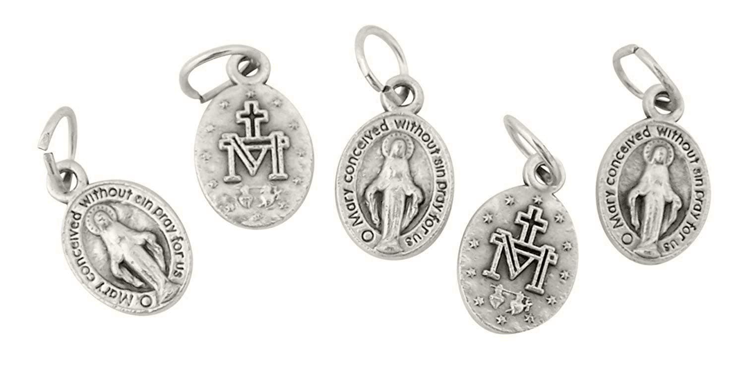 Catholic Saint Medals Silver Tone Petite Miraculous Medal Pendant for Charm Bracelet, Lot of 5, 9/16 Inch