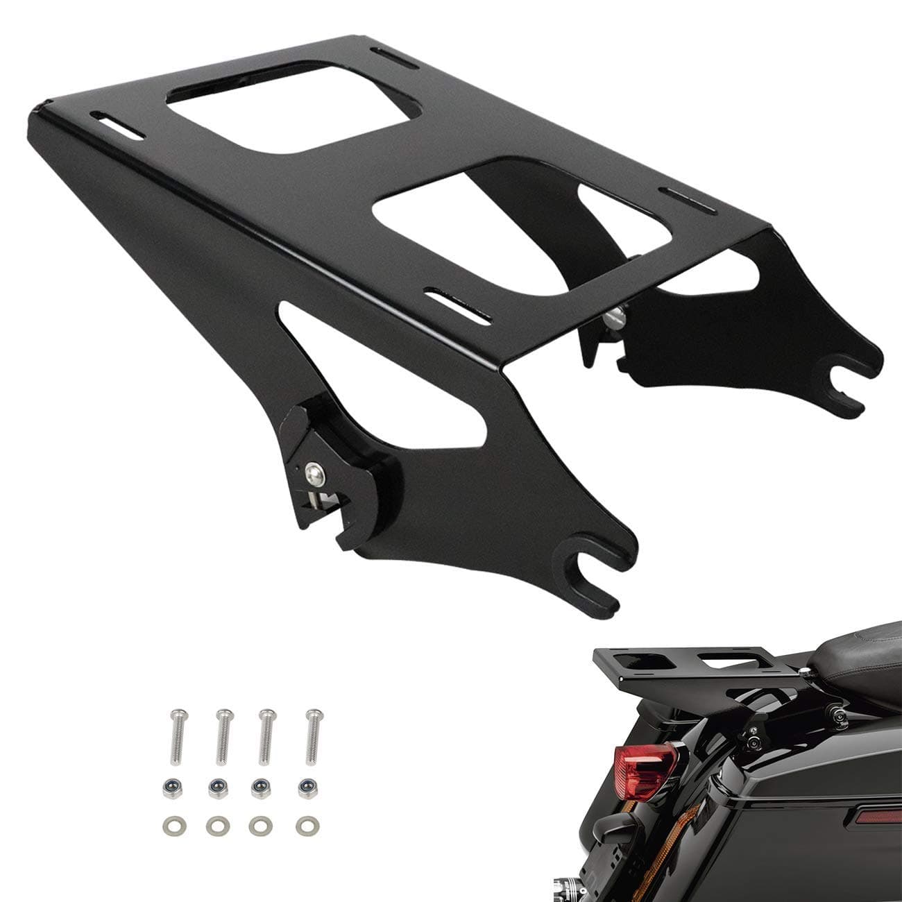 AUFER Black Two Up Mounting Luggage Rack Compatible with for Touring Electra Glide Road King Street Glide Road Glide Tour Pack Pak 2014-2024