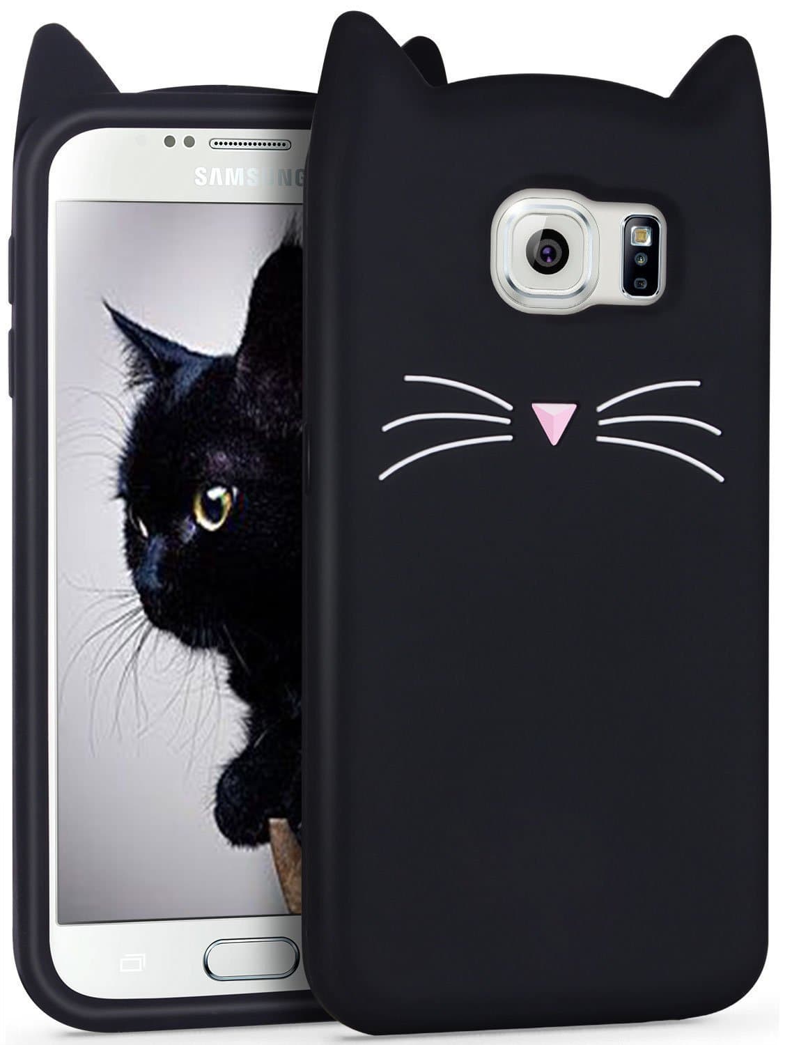Mulafnxal Case for Samsung Galaxy S6,Soft Silicone 3D Cartoon Animal Cat Slim Cover, Cute Cases Kids Girls Shock Proof Rubber Gel Kawaii Character Fashion Protector for Samsung S6 Black Cat