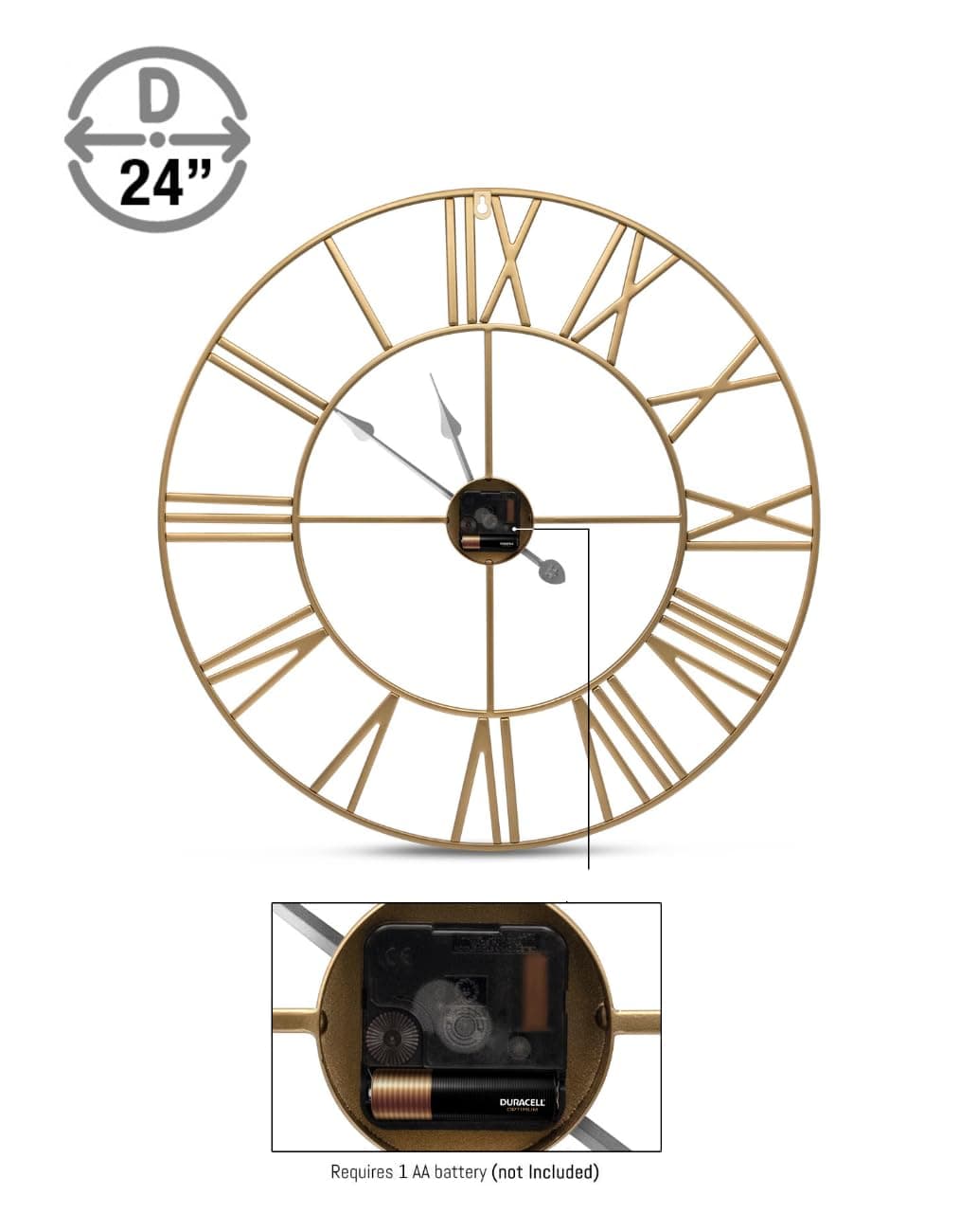 Sorbus Large Wall Clock for Living Room - 24-Inch Wall Clock - Oversized Centurian Roman Numeral Style Modern Wall Clocks - Large Clock Home Decor - Metal Decorative Analog Metal Clock (Gold)